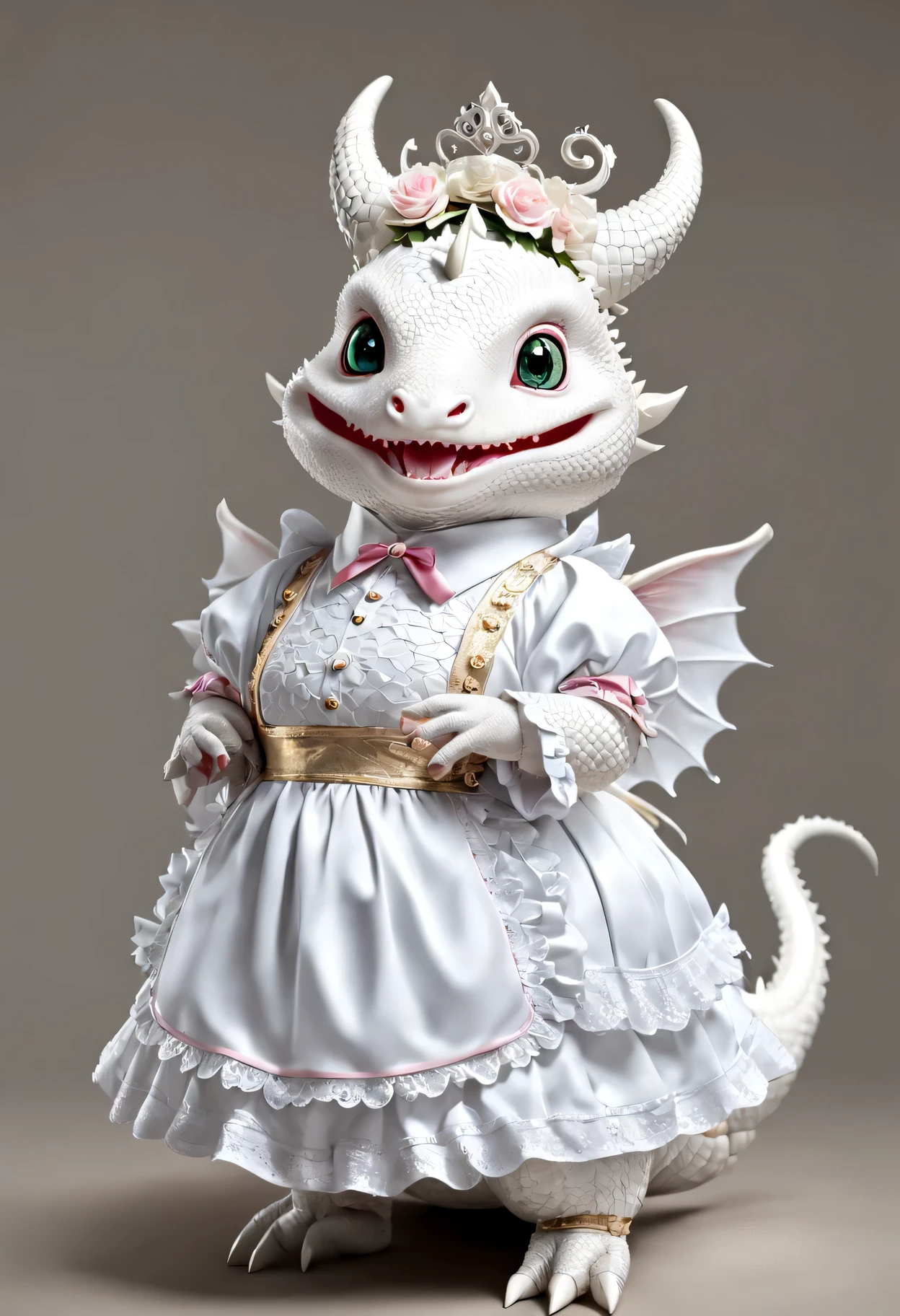 photorealistic portrait of Dressed animals - a fat baby white dragon maid,(elegant pose), high quality,(lovely) ,intricate details, highly detailed ((maid clothes)) ,highly detailed decorations, long tail , (happy), studio lighting,(full body image:1.5)