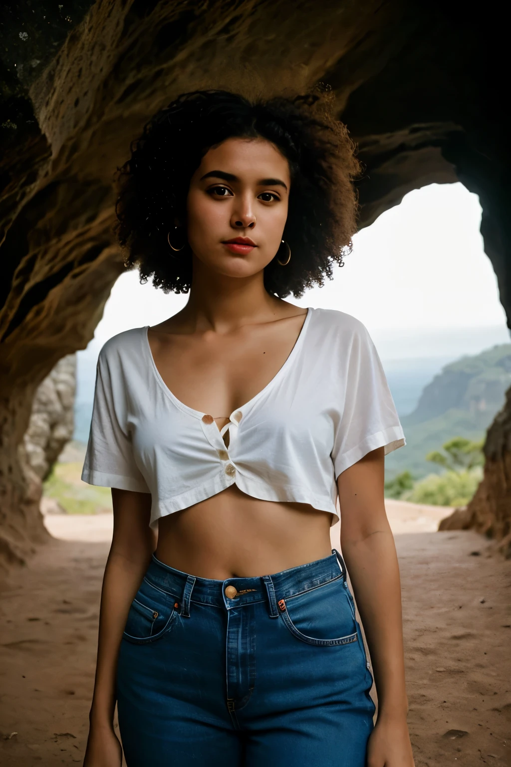 fotografia de uma mulher, (disturbed facial expression), Pele texturizada, arrepio, cabelo afro loiro, camisa xadrez de flanela com jeans boyfriend desgastado, tiro de vaqueiro, dark and mysterious cave with unique rock formations and hidden wonders, olhos perfeitos, (luz de velas,claro-escuro), Porta 160 cor, Tiro em ARRI Alexa 65, Bokeh, sharp focus on subject, filmado por Don McCullin