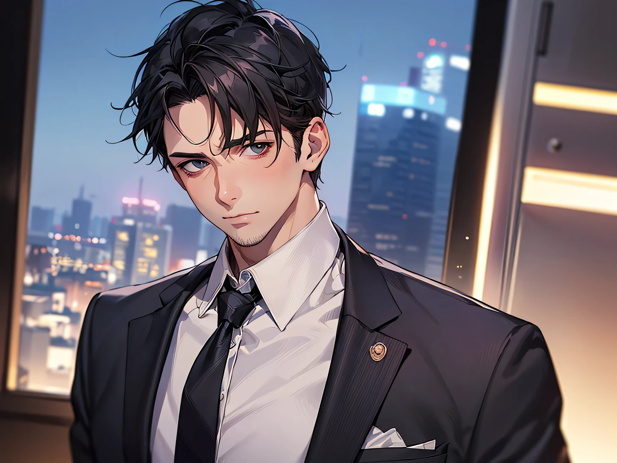 ビューアーにカベドン,((close up)),dramatic angle,masterpiece,(middle aged male), ((40-year-old)),upper body shot, business Suit,tie,man,solo,Black top, short hair,looking at viewer,office,(night),