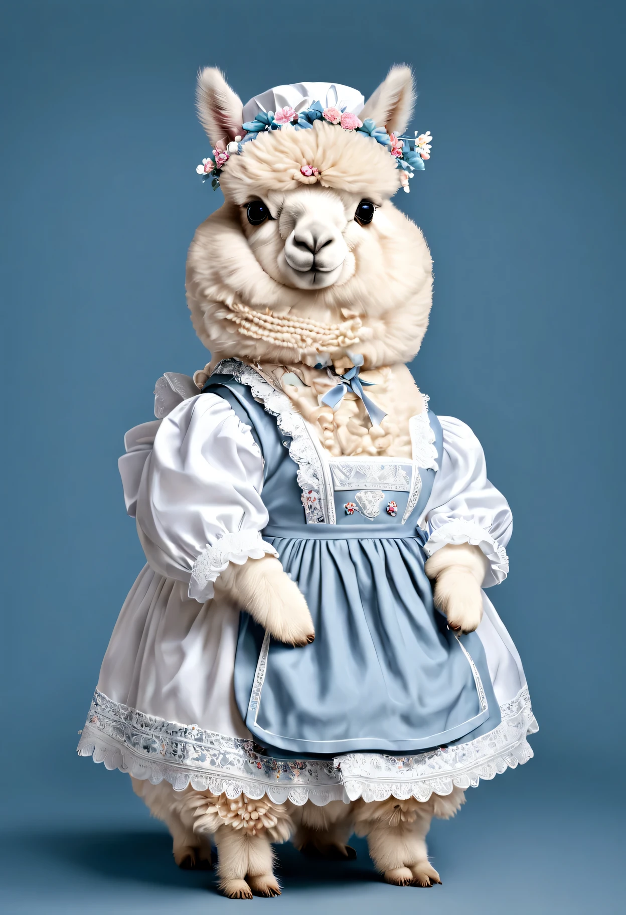 photorealistic portrait of Dressed animals - a fat baby white alpaca maid,(elegant pose), high quality,(lovely) ,intricate details, highly detailed ((maid clothes)) ,,highly detailed decorations, long tail , (happy), studio lighting,(full body image:1.5)