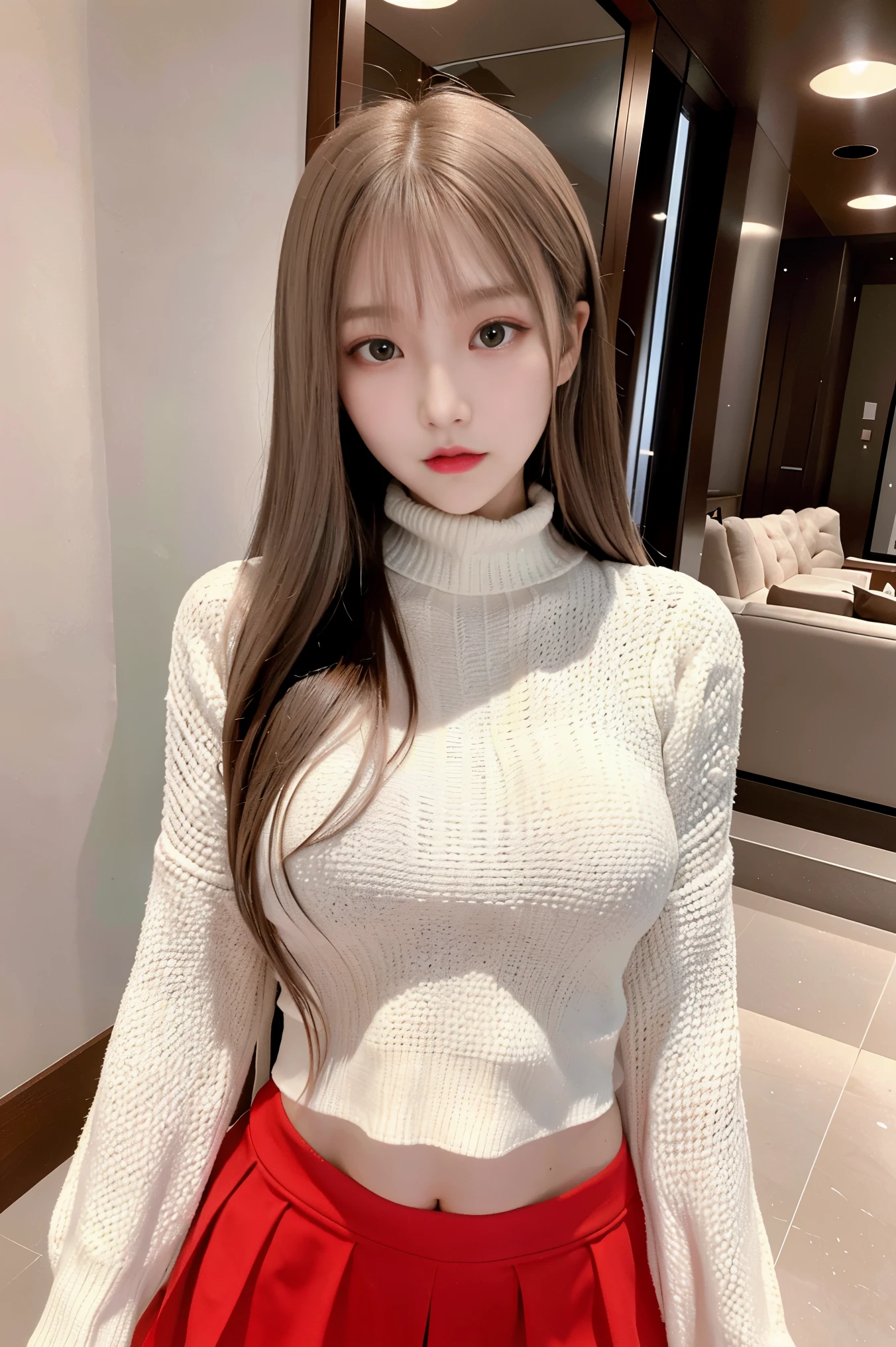 ((highest quality)), ((masterpiece)), (be familiar with), perfect face,South Koreaモデル:1.6,highly detailed face,South Korea,Female college student,gal:1.3,(20-year-old:1.3),NSFW,((highest quality, 8K, masterpiece:1.3))), sharp focus:1.2,beautiful woman with perfect figure:1.4,perfect body beauty,thin waist:1.2,highly detailed faceと肌の質感,fine eyes,double eyelid,brown hair,wavy semi-long hair,whole body,Loose knit turtleneck sweater,red mini skirt,Clothes are white,Inside the luxury lounge