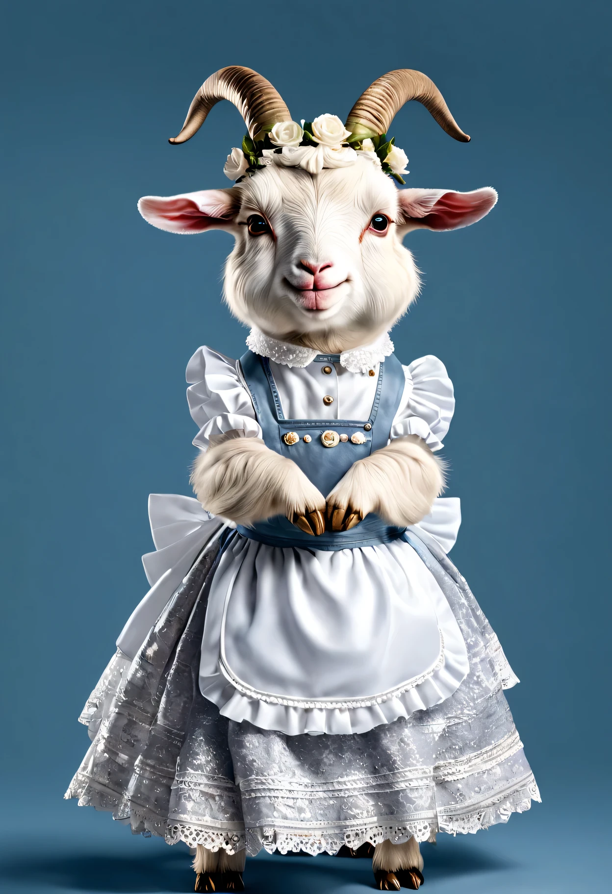 photorealistic portrait of Dressed animals - a fat goat maid,(elegant pose), high quality,(lovely) ,intricate details, highly detailed ((maid clothes)) ,,highly detailed decorations, long tail , (happy), studio lighting,(full body image:1.5)