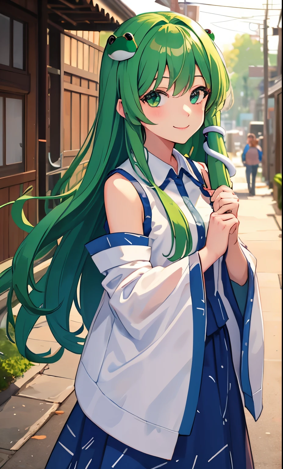 (masterpiece, best quality:1.2), cowboy shot, solo, 1girl, kochiya sanae, smile, looking at viewer, hair tubes, frog hair ornament, snake hair ornament, shirt, long sleeves, wide sleeves, blue skirt