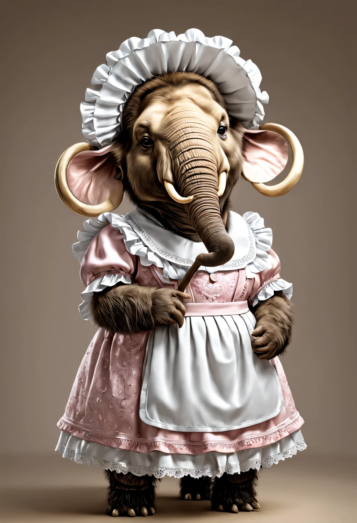 photorealistic portrait of Dressed animals - a fat baby mammoth maid,(elegant pose), high quality,(lovely) ,intricate details, highly detailed ((maid clothes)) ,,highly detailed decorations, long tail , (happy), studio lighting,(full body image:1.5)