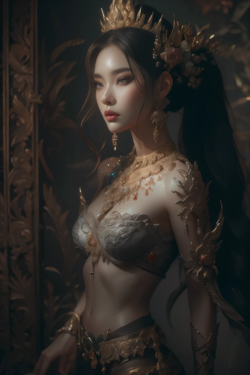 ((Full body shot:1.4))Beautiful painting of perfect thai female  princess, ponytail long hair, perfect features, abstract beauty, near perfection, pure form, dynamic pose, ethereal background, (deep dark shadows), (strong cinematic lighting), (back lighting), intricate detail, 8k post-production, High resolution, super Detail, trending on ArtStation, sharp focus, depth of field f/1.8, studio photos, (((looking at camera)))