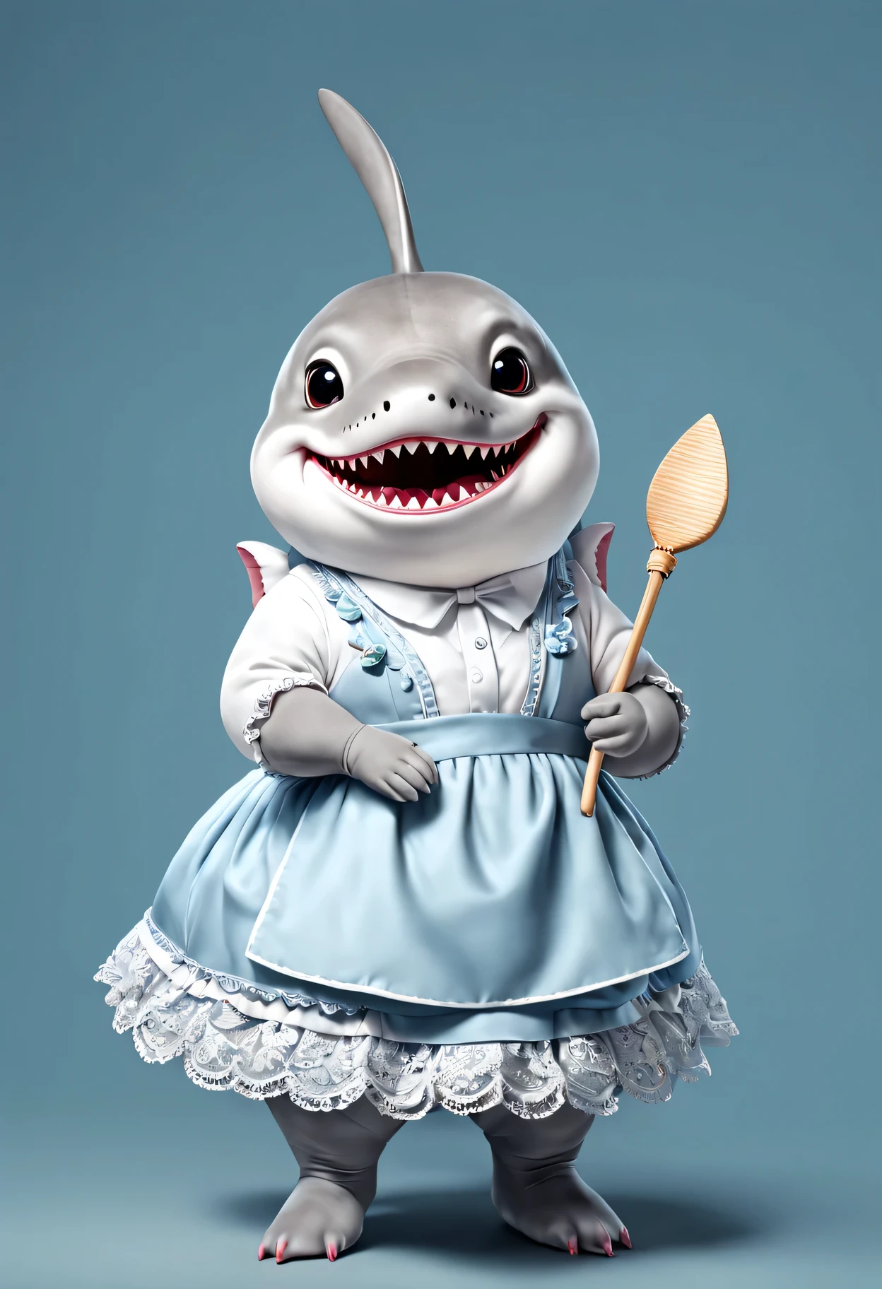 photorealistic portrait of Dressed animals - a fat shark maid,(elegant pose), high quality,(lovely) ,intricate details, highly detailed ((maid clothes)) ,,highly detailed decorations, long tail , (happy), studio lighting,(full body image:1.5)