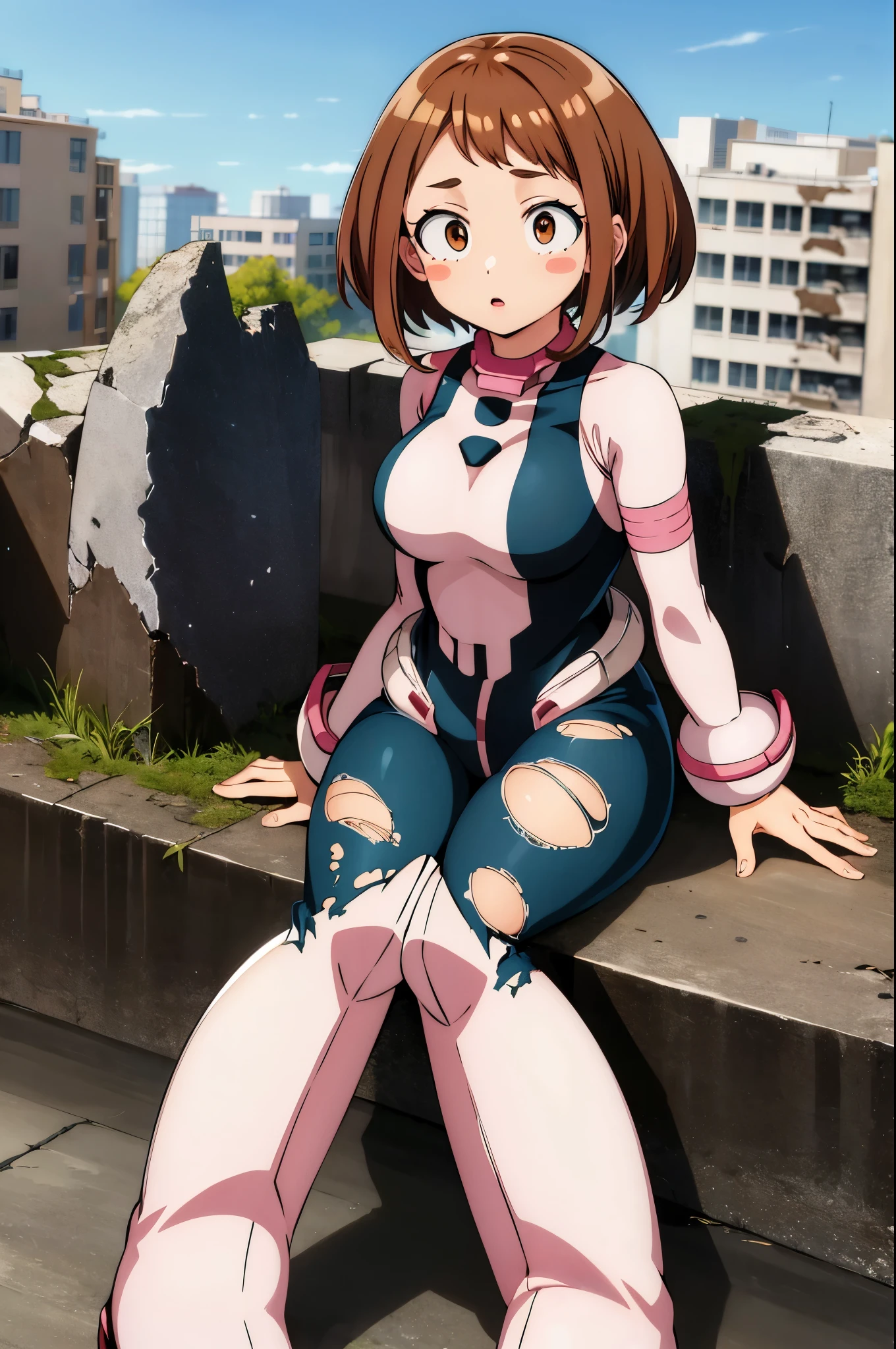 masterpiece, best quality, highres, hmochako, blush stickers, short hair, medium breasts, superhero, bodysuit, boots, ruins, building, (torn clothes:1.2), sitting