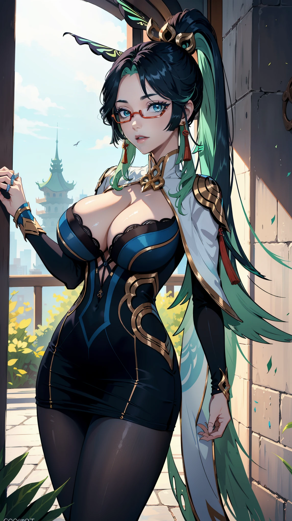 Masterpiece, high quality, 8k, ultra detail, 1 girl, (dynamic poses), ((xianyun, very long hair, ponytail, hair ornament, semi-rimless eyewear, earrings)), standing, ((huge breast)), smile,