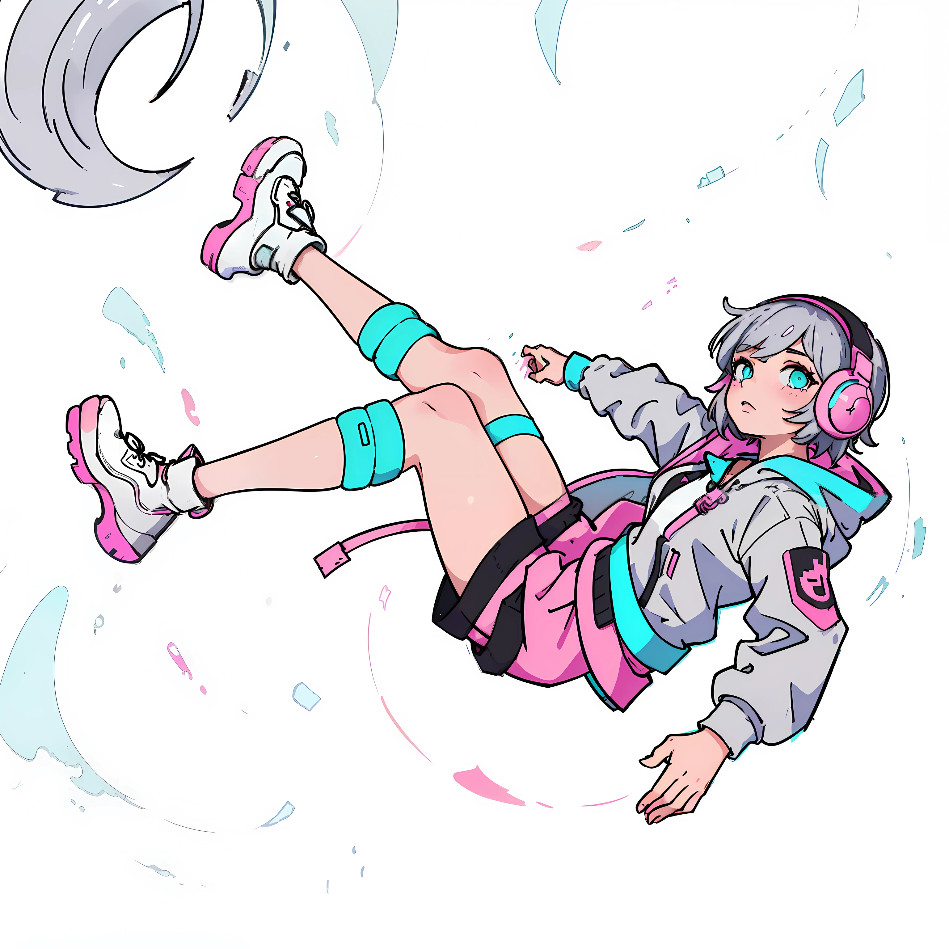(best quality:0.8), ((masterpiece)),perfect anime illustration,1girl, short hair girl wears headphones, gradient, floating, grey hair,pink and cyan color, neon colors,cyberpunk character,dystopian or a post-apocalyptic world.