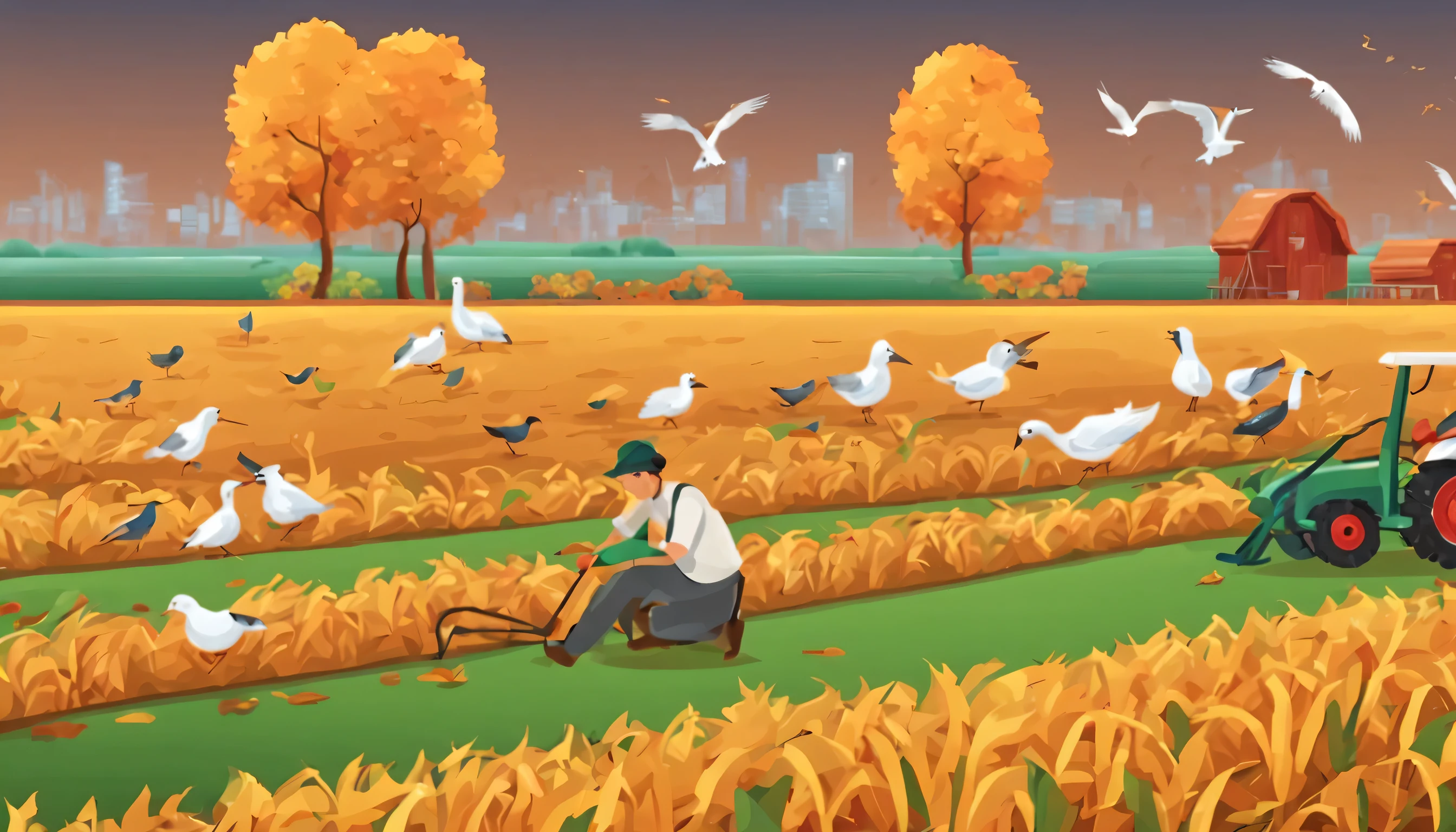 The background is the farmland in autumn. Several birds are eating the rice. The farmer is waving farm tools to drive away the birds.