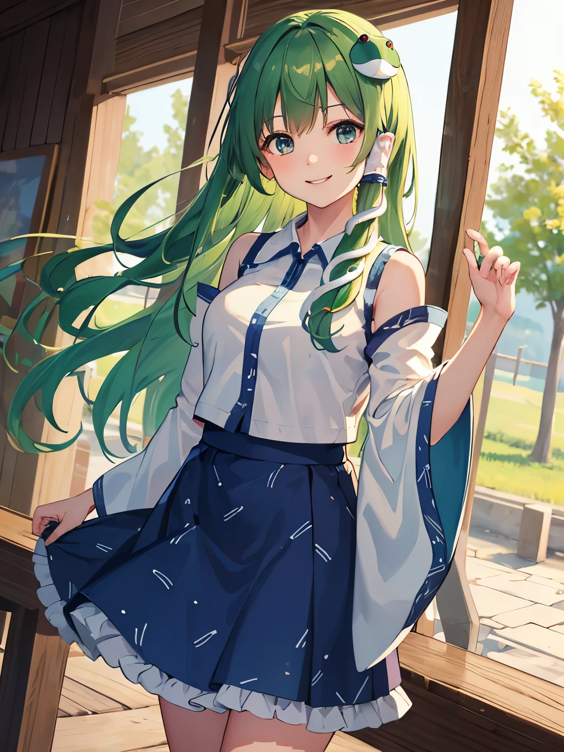 (masterpiece, best quality:1.2), cowboy shot, solo, 1girl, kochiya sanae, smile, looking at viewer, hair tubes, frog hair ornament, snake hair ornament, shirt, long sleeves, wide sleeves, blue skirt