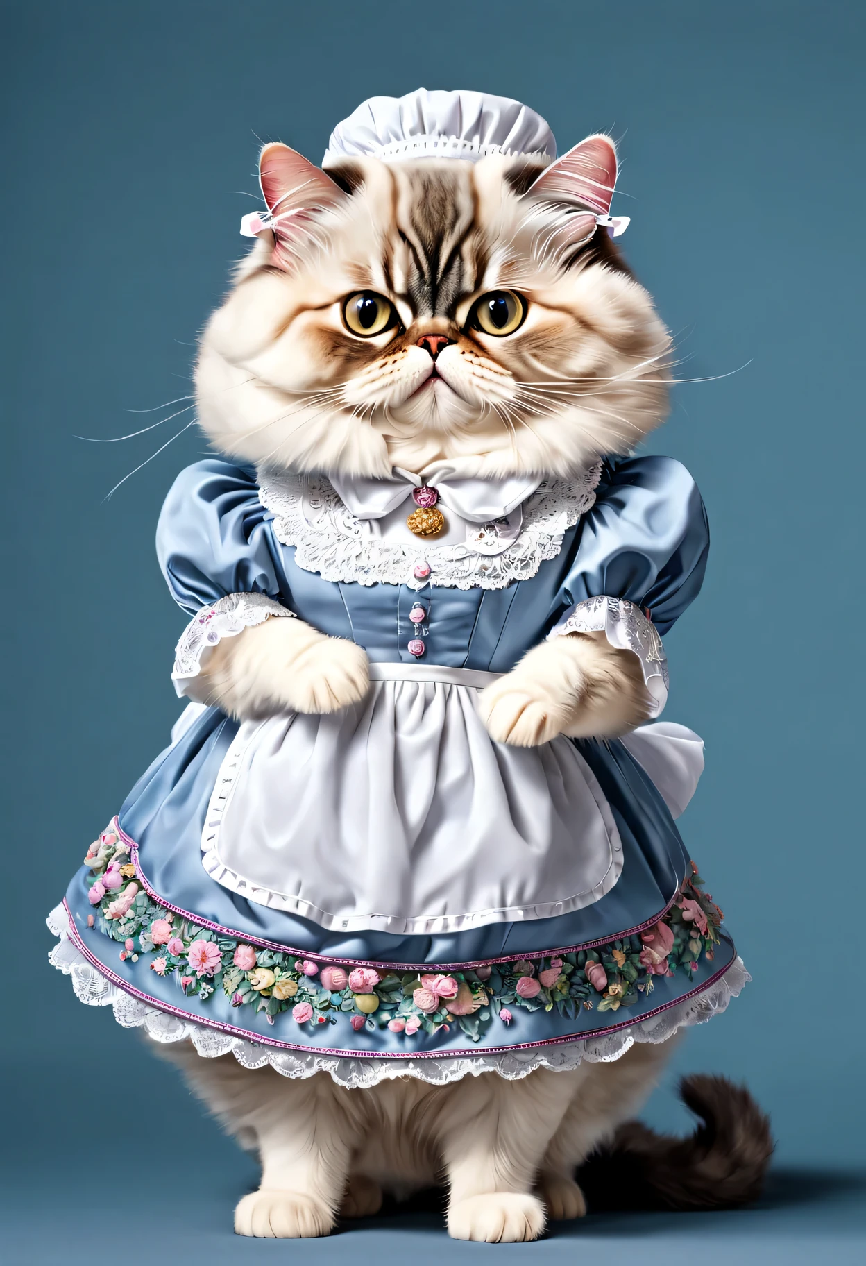 photorealistic portrait of Dressed animals - a fat baby Persian cat maid,(elegant pose), high quality,(lovely) ,intricate details, highly detailed ((maid clothes)) ,,highly detailed decorations, long tail , (happy), studio lighting,(full body image:1.5)