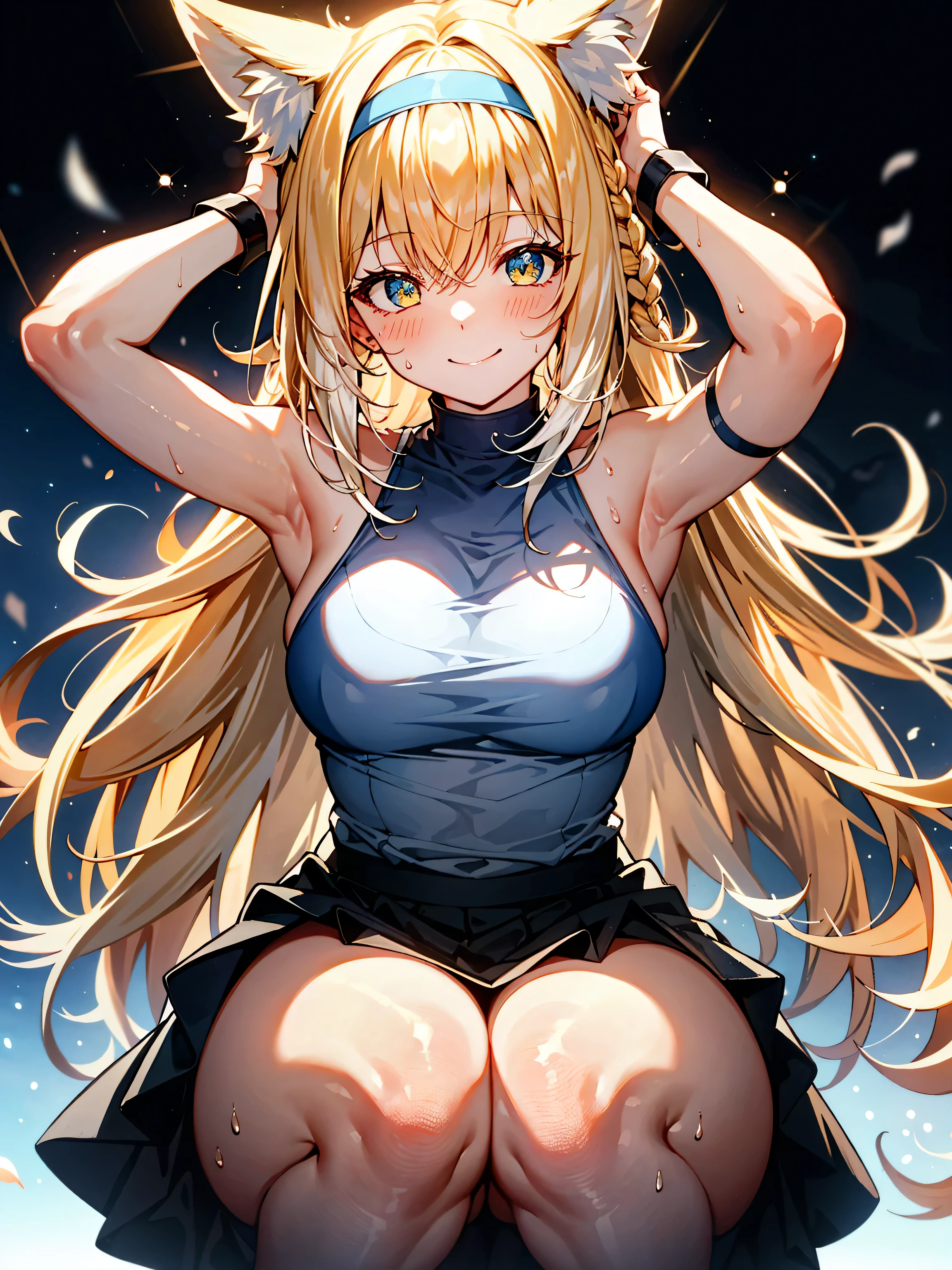 (best quality,high resolution,masterpiece:1.2),ultra-deTailed, 1 girl, Finger proportions, shiny skin, evil Smile, , raise arms, armpit, Sweat, steam,Put your arms behind your head,Squatting,Serford,Thick thighs,Cover the nipple, pleated skirt, fox狸_ears, animal_ears, blonde_hair, Bangs, fox狸_girl, green_Eye, hairband, animal_ear_fluff, fox狸_Tail, Tail, blue_hairband, rich and colorful_hair, many kinds_Tails, white_hair, braid, hair_ring, Smile, infect_monitor_\(Ark Night\), fox, Superior_Body, blush, hair_between_Eye, (Half:1.2)