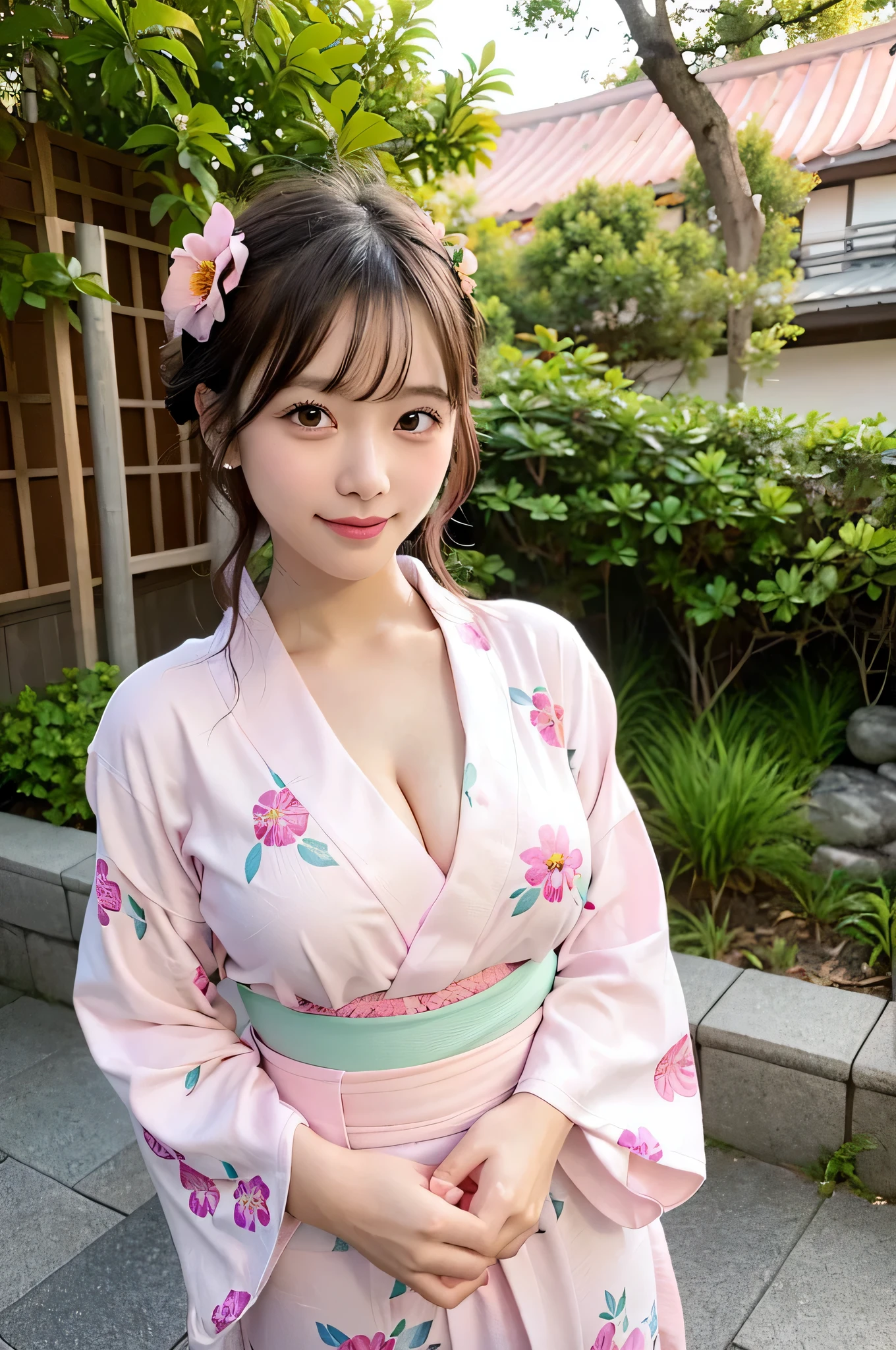 (ung girl), Extremely cute face, Amazing face and eyes, (Highly detailed eyes, Highly detailed face), fresh, Very clean appearance, (Hyper-realistic, hight resolution), (Best Quality:1.4), Raw photo, (Realistic, Photorealsitic:1.37), Professional Photography, (light pink floral pattern yukata:1.5), (Open yukata), (cleavage:1.2), (Bare shoulders), Smile slightly, (Staring at me), Bedroom, girl portrait,