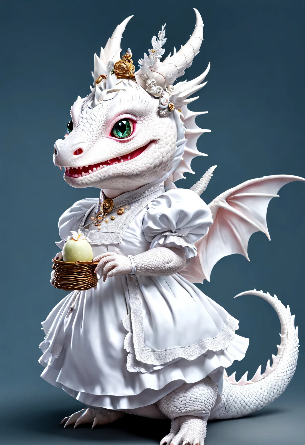 photorealistic portrait of Dressed animals - a fat baby white dragon maid,(elegant pose), high quality,(lovely) ,intricate details, highly detailed ((maid clothes)) ,highly detailed decorations, long tail , (happy), studio lighting,(upper body image:1.5)