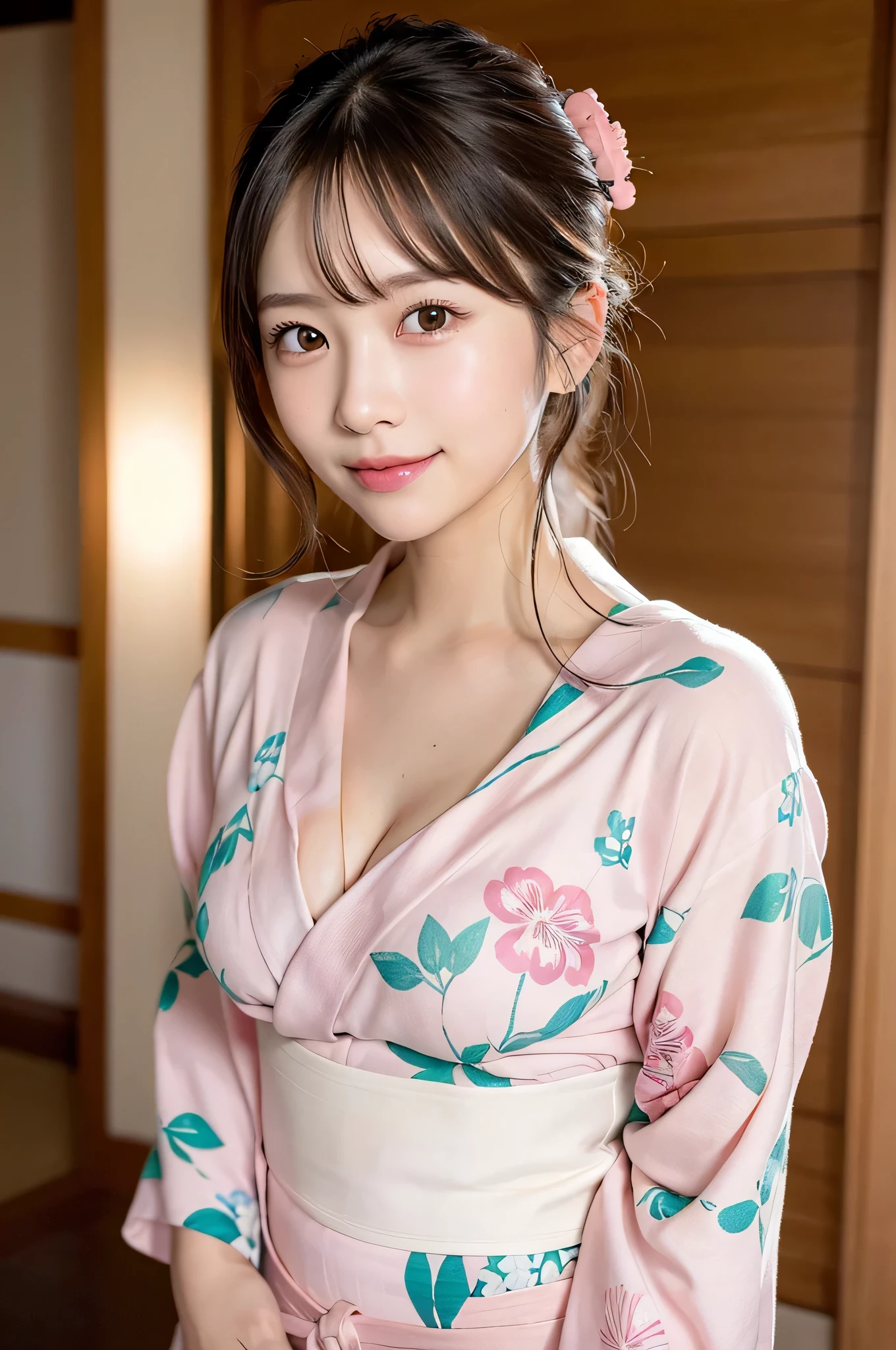 (1ung girl), Extremely cute face, Amazing face and eyes, (Highly detailed eyes, Highly detailed face), fresh, Very clean appearance, (Hyper-realistic, hight resolution), (Best Quality:1.4), Raw photo, (Realistic, Photorealsitic:1.37), Professional Photography, (light pink floral pattern yukata:1.5), (Open yukata), (cleavage:1.2), (Bare shoulders), Smile slightly, (Staring at me), Bedroom, girl portrait,