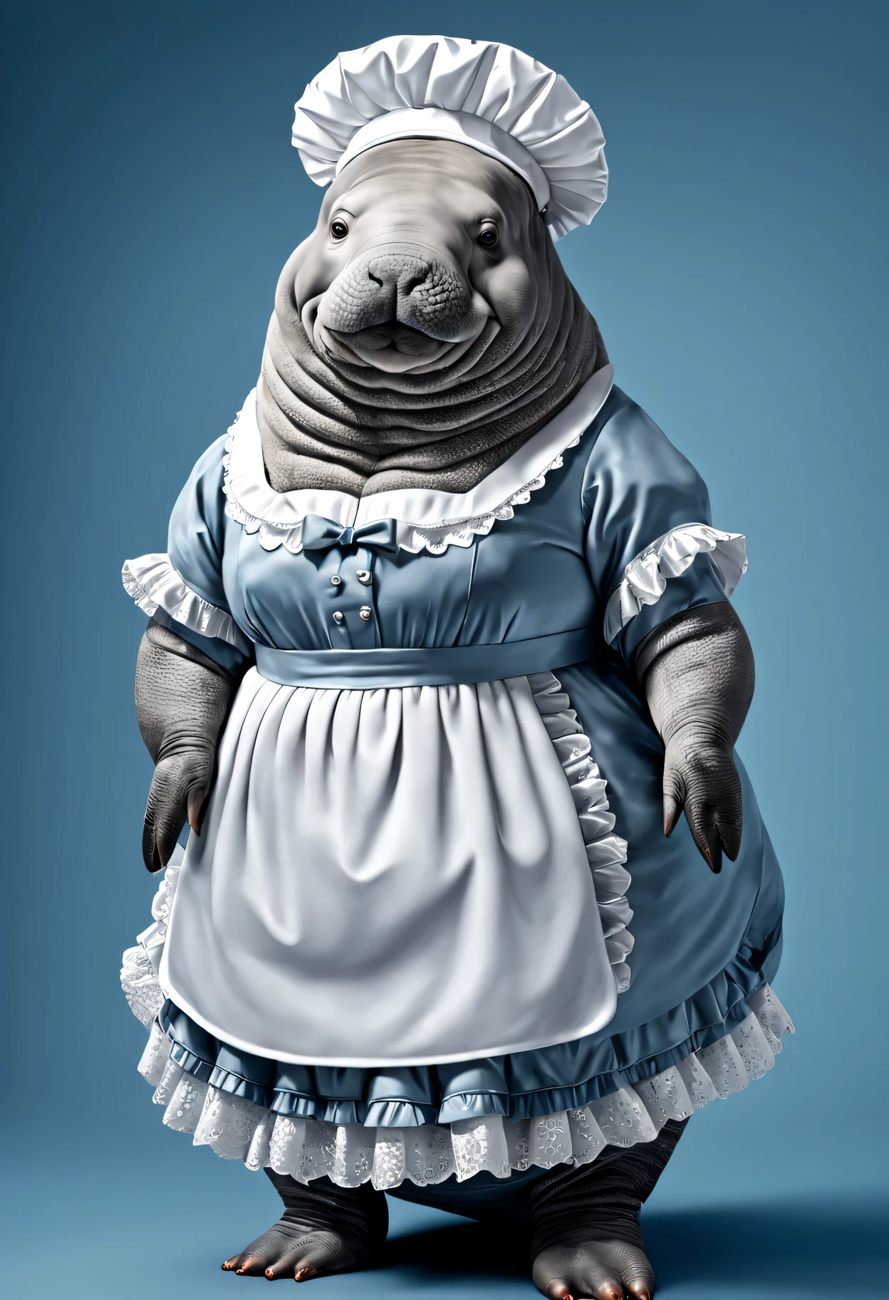 photorealistic portrait of Dressed animals - a fat manatee maid,(elegant pose), high quality,(lovely) ,intricate details, highly detailed ((maid clothes)) ,,highly detailed decorations, long tail , (happy), studio lighting,(full body image:1.5)