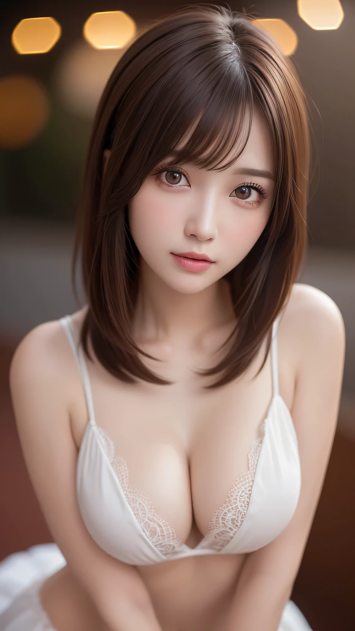 1 girl, (highest quality:1.4), (super detailed), (detailed light), (Highly detailed beautiful face), wonderful face and eyes, brown hair, brown eyes, Beautiful sheer lace details, beautiful breasts, Highly detailed CG integrated 8k wallpaper, High resolution raw color photos, professional photos, dynamic lighting, (nipple:0.94), (((Bokeh))), Depth of bounds written,