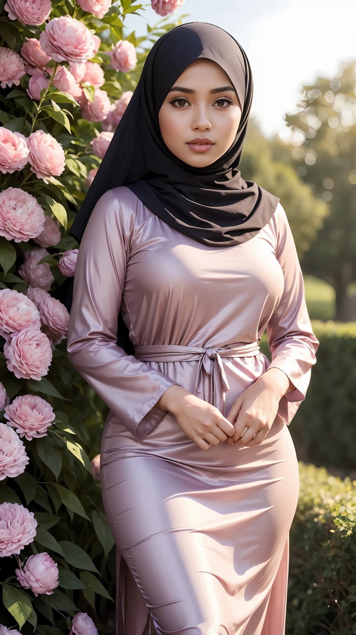 RAW, Best quality, high resolution, masterpiece: 1.3), beautiful Malay woman in hijab, Masterpiece, perfect fit body, big breasts,thick thighs, beautiful face, beautiful big eyes, Soft smile, muslim woman in hijab walking on the garden flowers, wearing baju kurung modern, beautiful in cute pastel shades, beautiful in pastel shades, lilac, purple, wearing decorative clothes, at sunrise,, at dusk , Great lighting, Bright colors, Ultra realistic clean lines, very realistic
