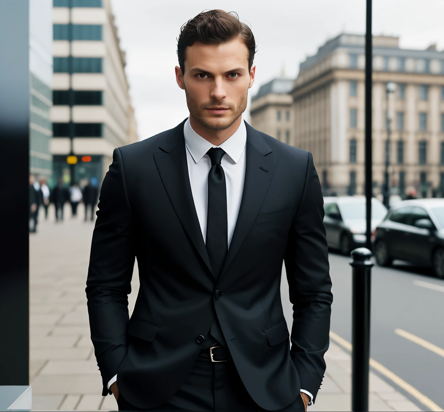 (create a ceo wearing black suit without tie), (tanned brunette with the symmetrical face of model), wearing beard, short dark hair, stylish and elegant, shaved and strong body fitted in the suit, show body, man similar to actor jamie dornan, (high quality and realistic image), in the background of the image city of london, cinematic style, ((Best quality,  8k, Masterpiece).