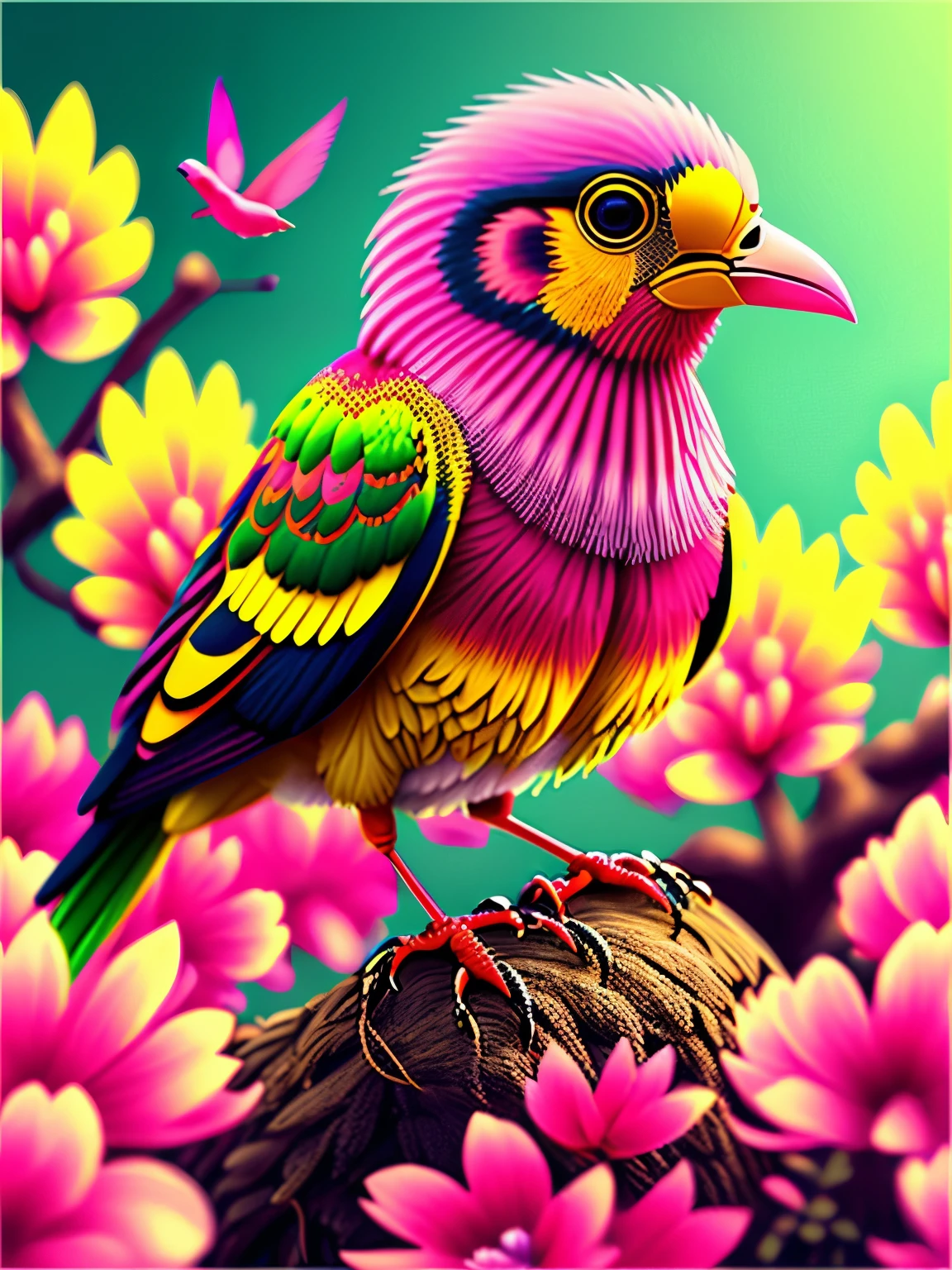 alien predatorial unusual unearthly bird sitting on a branch with pink flowers, cgi art, red-yellow colors, hyperrealistic sparrows, pinterest, photorealistic artstyle, in rich color, an ai generated image, very detailed portrait, singing for you, breathtaking render