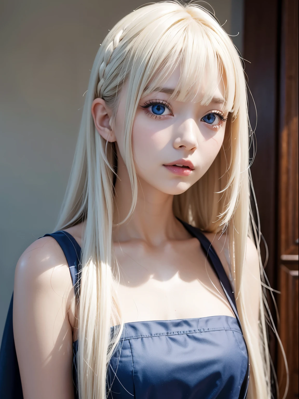 bright look、photorealism、highest quality、Super high resolution、picture、Photo of an exquisitely beautiful Scandinavian girl、extraordinary beautiful girl、cute and beautiful face details、(Pueros face_v1:0.008)、beautiful bangs、16 years old、Shining white skin、facial hair、Bangs that extend to the face、bangs between the eyes、super long hair、Attractive bright natural platinum blonde super long straight silky hair、thin hair、Charming shining beautiful bright clear light blue big eyes、white apron、blue dress、eyeliner、double eyelid、
