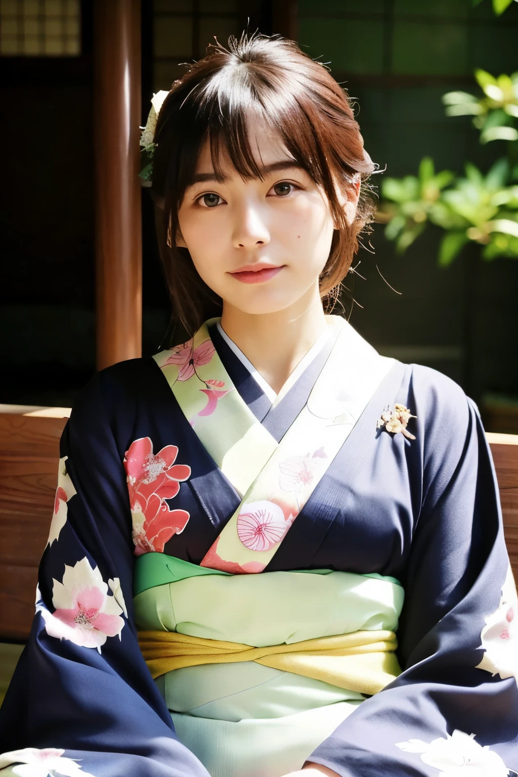 (Japanese women who are likely to be liked by American women、Age is about 30 years old、wearing an old kimono、Sitting upright
