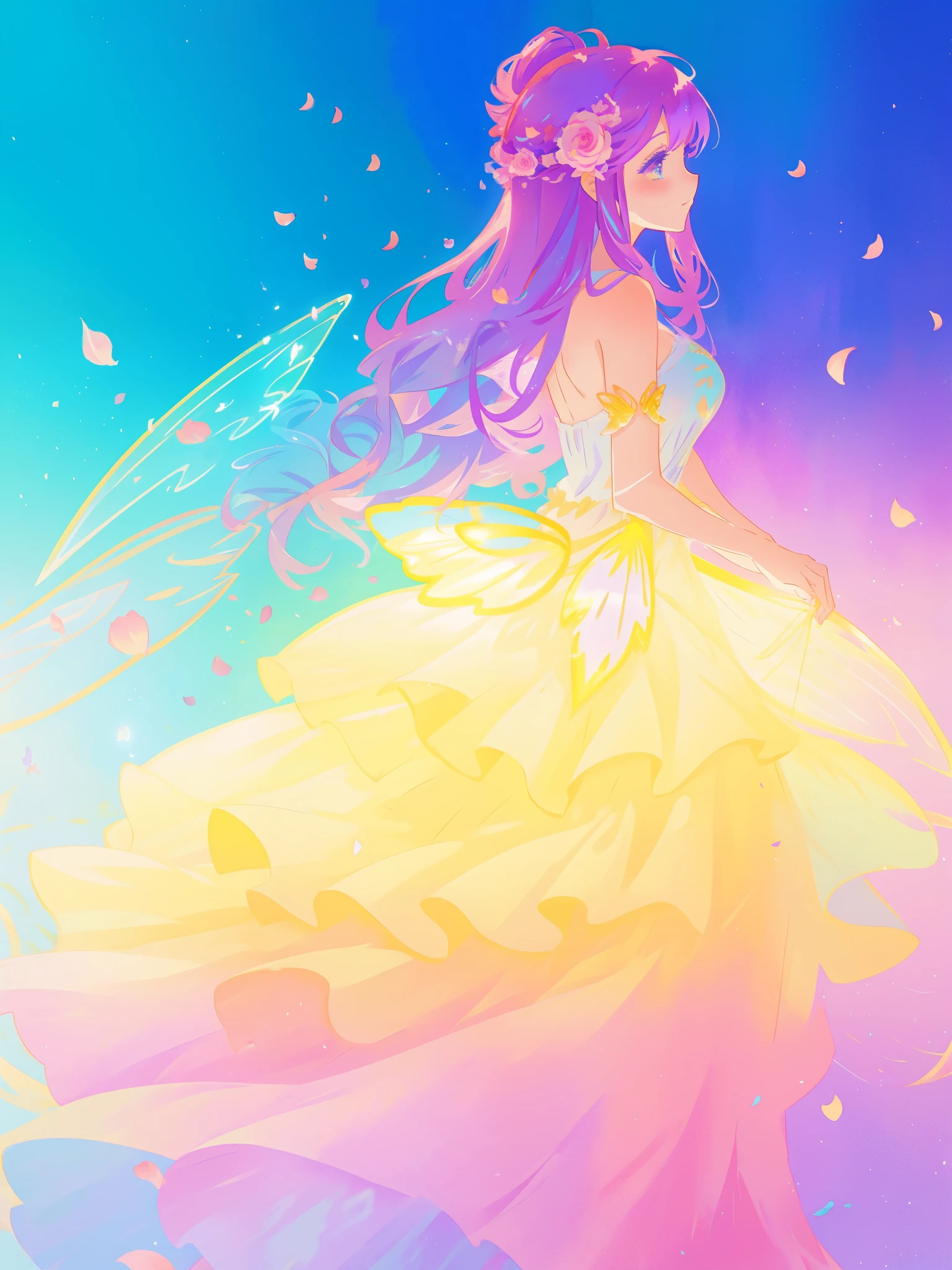 beautiful girl in tiered gradient ballgown dress, gradient colorful dress, ((layered flower petal skirt)), fairy dress, fairy queen, magical fantasia background, (glowing fairy wings), glowing flowing ballgown, long wavy hair, sparkling fairy wings, watercolor illustration, inspired by Glen Keane, inspired by Lois van Baarle, disney art style, jen bartel, beautiful digital illustration, beautiful, masterpiece, best quality, anime disney style