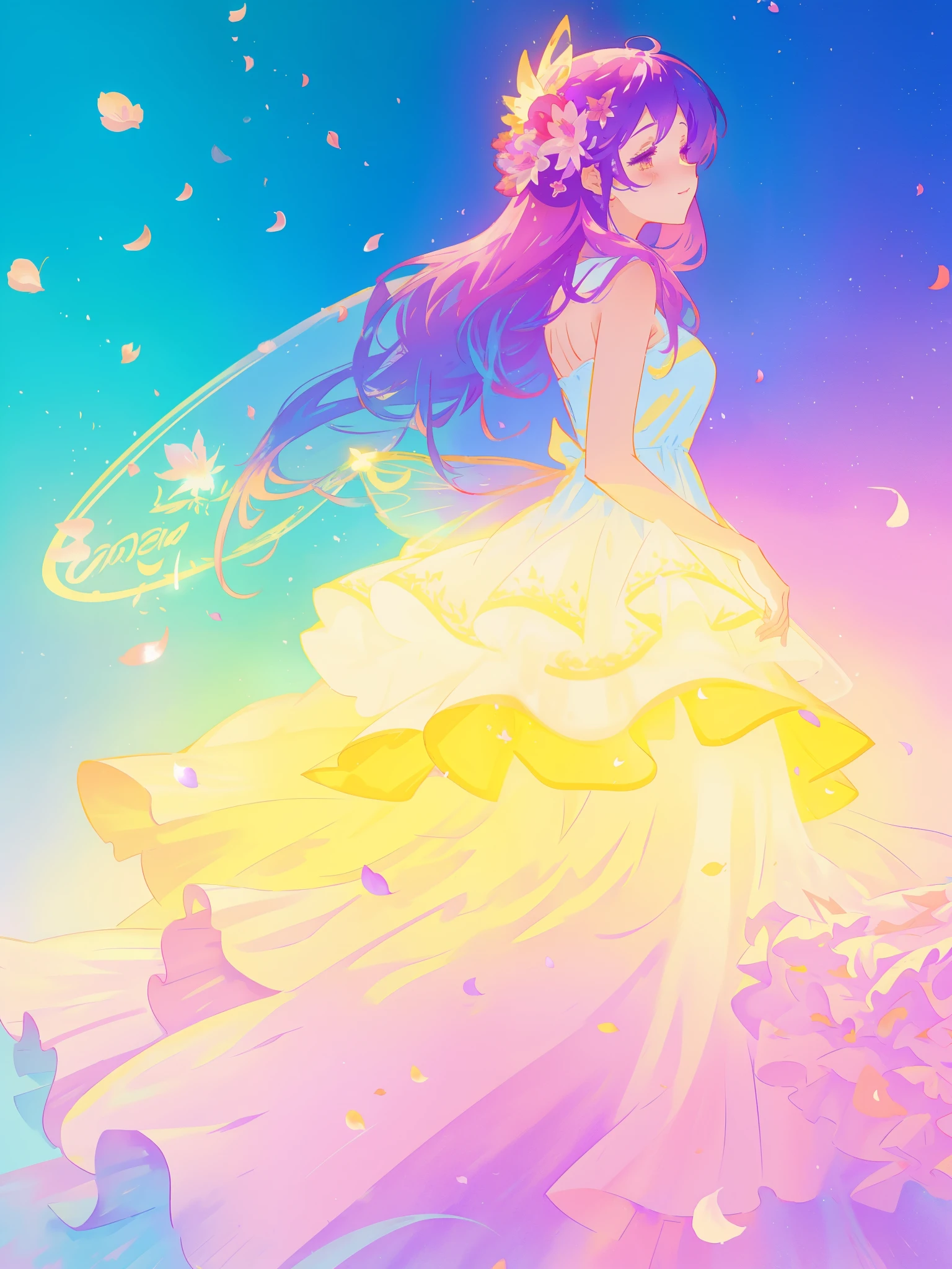 beautiful girl in tiered gradient ballgown dress, gradient colorful dress, ((layered flower petal skirt)), fairy dress, fairy queen, magical fantasia background, (glowing fairy wings), glowing flowing ballgown, long wavy hair, sparkling fairy wings, watercolor illustration, inspired by Glen Keane, inspired by Lois van Baarle, disney art style, jen bartel, beautiful digital illustration, beautiful, masterpiece, best quality, anime disney style