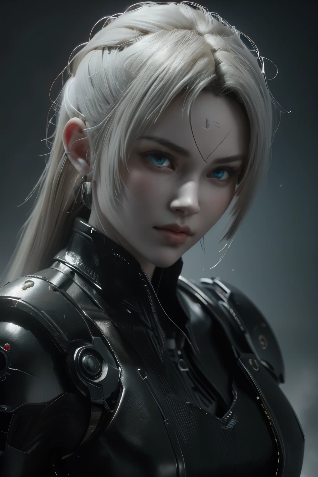 Game art，The best picture quality，Highest resolution，8K，(A bust photograph)，(Portrait)，(Head close-up:1.5)，(Rule of thirds)，Unreal Engine 5 rendering works， (The Girl of the Future)，(Female Warrior)， 22岁少女，(Female hackers)，(White and red gradient，Ancient Oriental hairstyle)，((The pupils of the red eyes:1.3))，(A beautiful eye full of detail)，(Big breasts)，(Eye shadow)，优雅迷人，冷漠，((Anger))，(Cyberpunk jacket full of futuristic look，Joint Armor，There are exquisite Chinese patterns on the clothes，A flash of jewellery)，赛博朋克人物，未来风格， 拍照姿势，城市背景，Movie lights，Ray tracing，Game CG，((3D Unreal Engine))，oc渲染反射纹