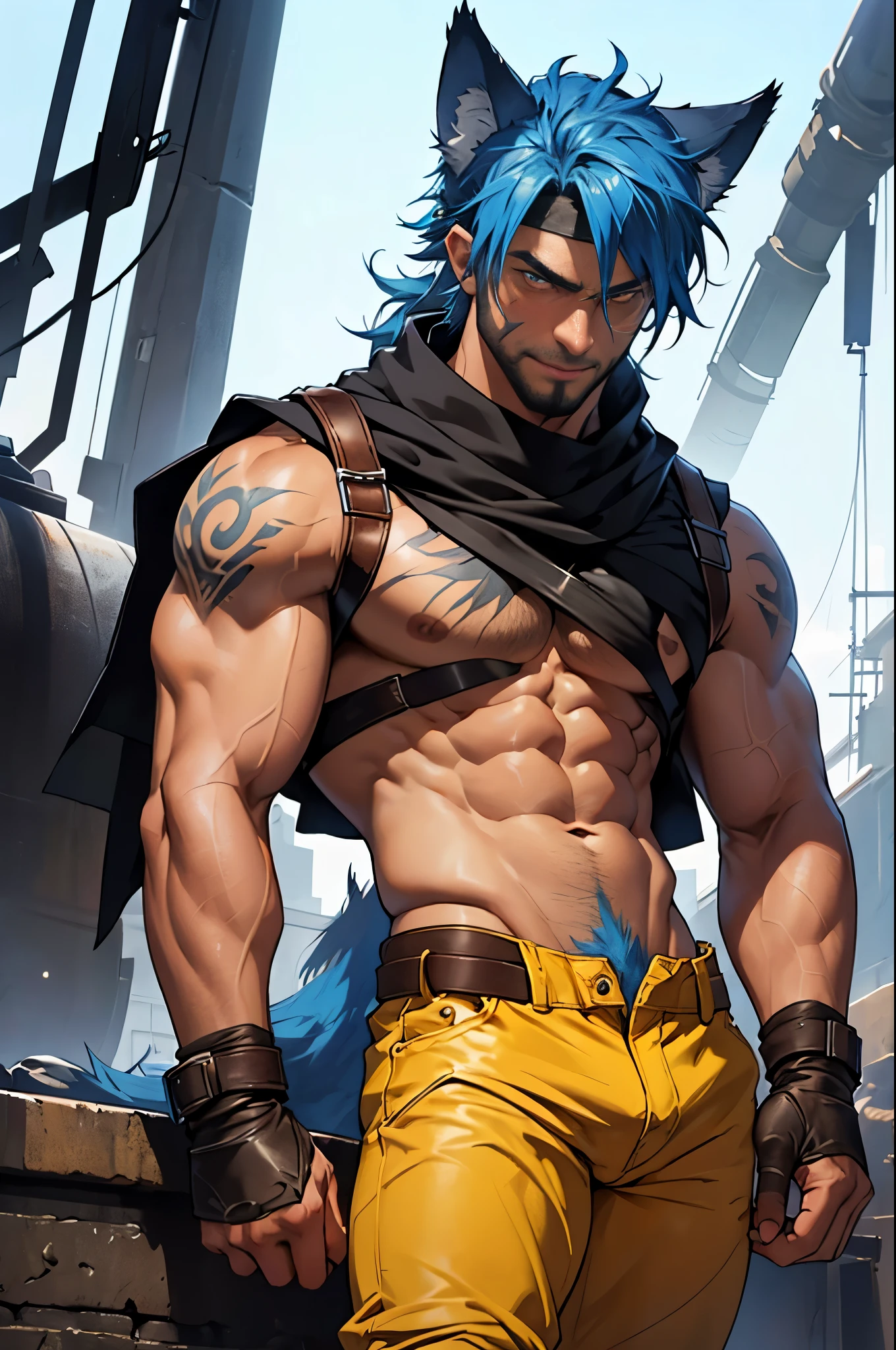 ((thick v-line, cum gutters, iliac furrows,)) punk military devil boy, beds harness, ((wearing big boots)), ((we view him from below, close to his stomach)), worlds smallest waist, very muscular broad shoulders, vascular, thick pecs, deep abs, glitter, sparkle, spacey, highly detailed face, showing off, leaning back, flexing bicep, sweating, dripping, horny, lustful, sultry, ready to fuck, hyper masculine with short beard, body hair, finely detailed face, ((dark tanned skin)), big bulge, black clothes, short light blue hair, ((has wolf ears)), ((has wolf tail)), sparkly dramatic lighting, v-rays, glass environment, wearing ripped yellow pants that sit low on his hips, ((he is solo, he is alone)), has ((bright blue shining tattoos)), wearing bandana and leather wrist bands, wearing fingerless gloves, muscular thighs, shirtless