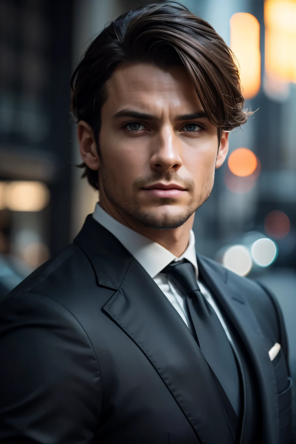 Professional Whole Body Photo, (Photo 4k:1.1) From (Jeremy Lipking:0.3), (Dittmann Anna:0.3), (Cecile:0.3), (Accurate Focus:1.3), High Precision, Elegant Man, Black Suit, City, Brown Hair, Instagram Pose, Muscular & Confident Man, perfect anatomy, perfect symmetry: 1.2, realistic face: 1.2, perfect face, content, confident, very detailed and dramatic, cinematic lighting, Light scene, soft lights
