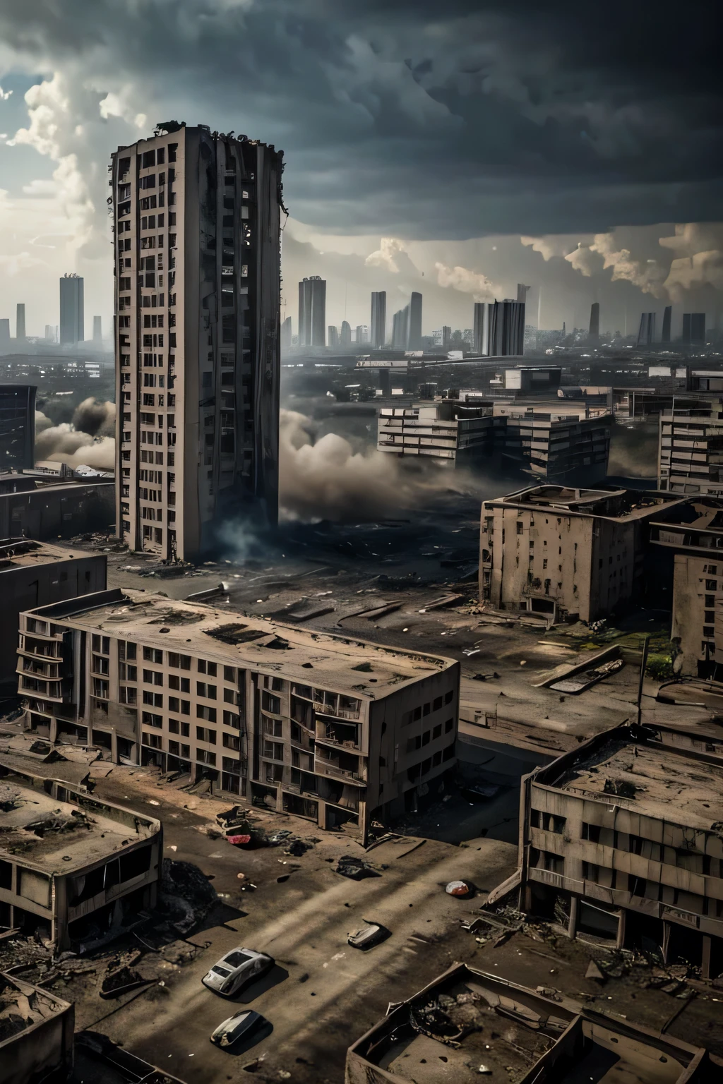 Cinematic post-apocalyptic city, crumbling concrete skyscrapers belching smoke, panoramic view from 20 meters high, grey sky, ambiente desolado e triste, Kenopsia, a woman in torn clothes walking in a corridor between two ruined buildings, rusty and destroyed cars on the streets, as detailed as possible, 