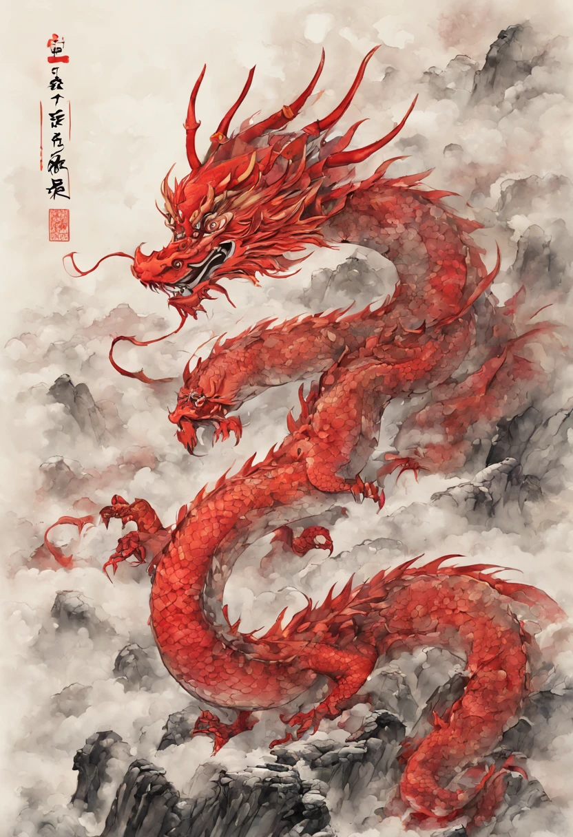 dragon在中心,dragon在画中心,ink中国dragon,Spring Festival,ink,National style and national tide,exquisite,extremely high resolution,highest quality,red envelope cover,wallpaper,intricate details,wonderful,ink意境,abstract simple lines,White background,graphic design,High precision and best quality,masterpiece(ink画,dragon,Expressiveness,misty cloudsink画dragon。。In a mysterious atmosphere,misty clouds,ink画,Capture the essence of traditional Chinese art。dragon极其细致和逼真。color smoothing,Ink texture on paper,中国传统ink画,Soft and diffuse light,soft shadow,dragon和云,Quiet and dreamy