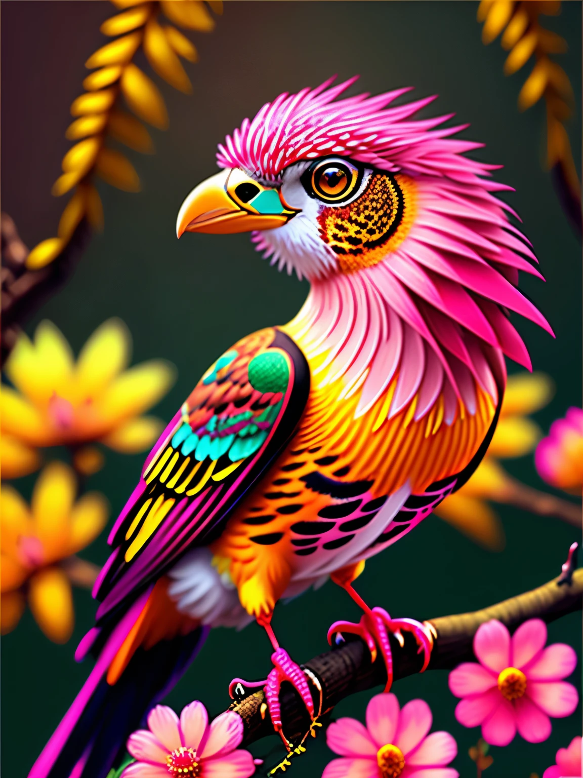 alien predatorial unusual unearthly bird with leopard skin sitting on a branch with pink flowers, cgi art, red-yellow colors, hyperrealistic sparrows, pinterest, photorealistic artstyle, in rich color, an ai generated image, very detailed portrait, singing for you, breathtaking render
