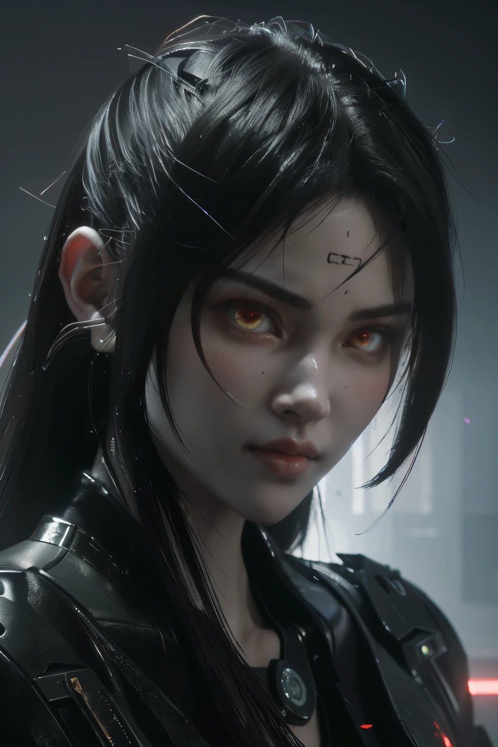 Game art，The best picture quality，Highest resolution，8K，(A bust photograph)，(Portrait)，(Head close-up:1.5)，(Rule of thirds)，Unreal Engine 5 rendering works， (The Girl of the Future)，(Female Warrior)， 22岁少女，(Female hackers)，(White and red gradient，Ancient Oriental hairstyle)，((The pupils of the red eyes:1.3))，(A beautiful eye full of detail)，(Big breasts)，(Eye shadow)，优雅迷人，冷漠，((Anger))，(Cyberpunk jacket full of futuristic look，Joint Armor，There are exquisite Chinese patterns on the clothes，A flash of jewellery)，赛博朋克人物，未来风格， 拍照姿势，城市背景，Movie lights，Ray tracing，Game CG，((3D Unreal Engine))，oc渲染反射纹