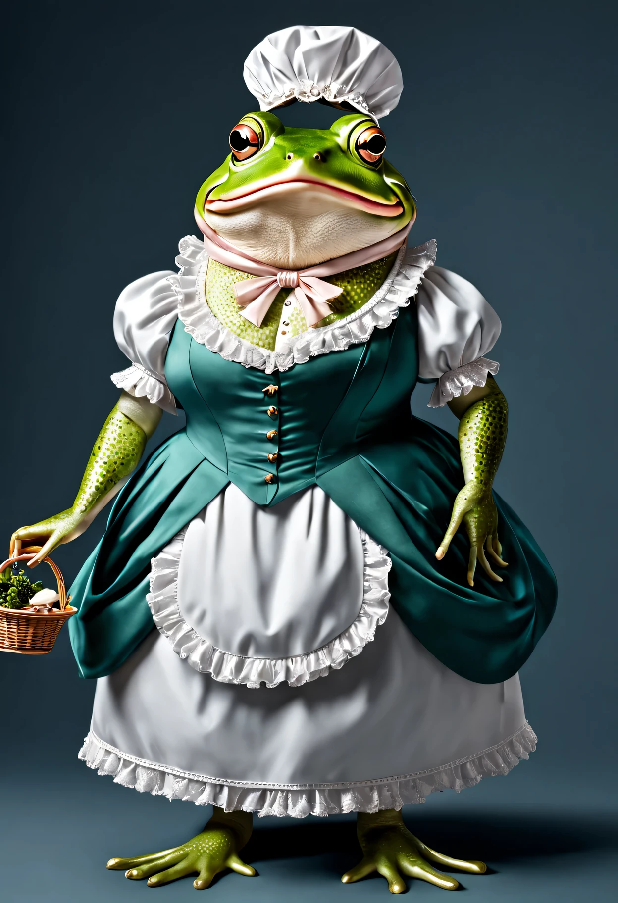 photorealistic portrait of Dressed animals - a ((fat)) frog maid,(elegant pose), high quality,(lovely) ,intricate details, highly detailed ((maid clothes)) ,,highly detailed decorations, long tail , (happy), studio lighting,(full body image:1.5)