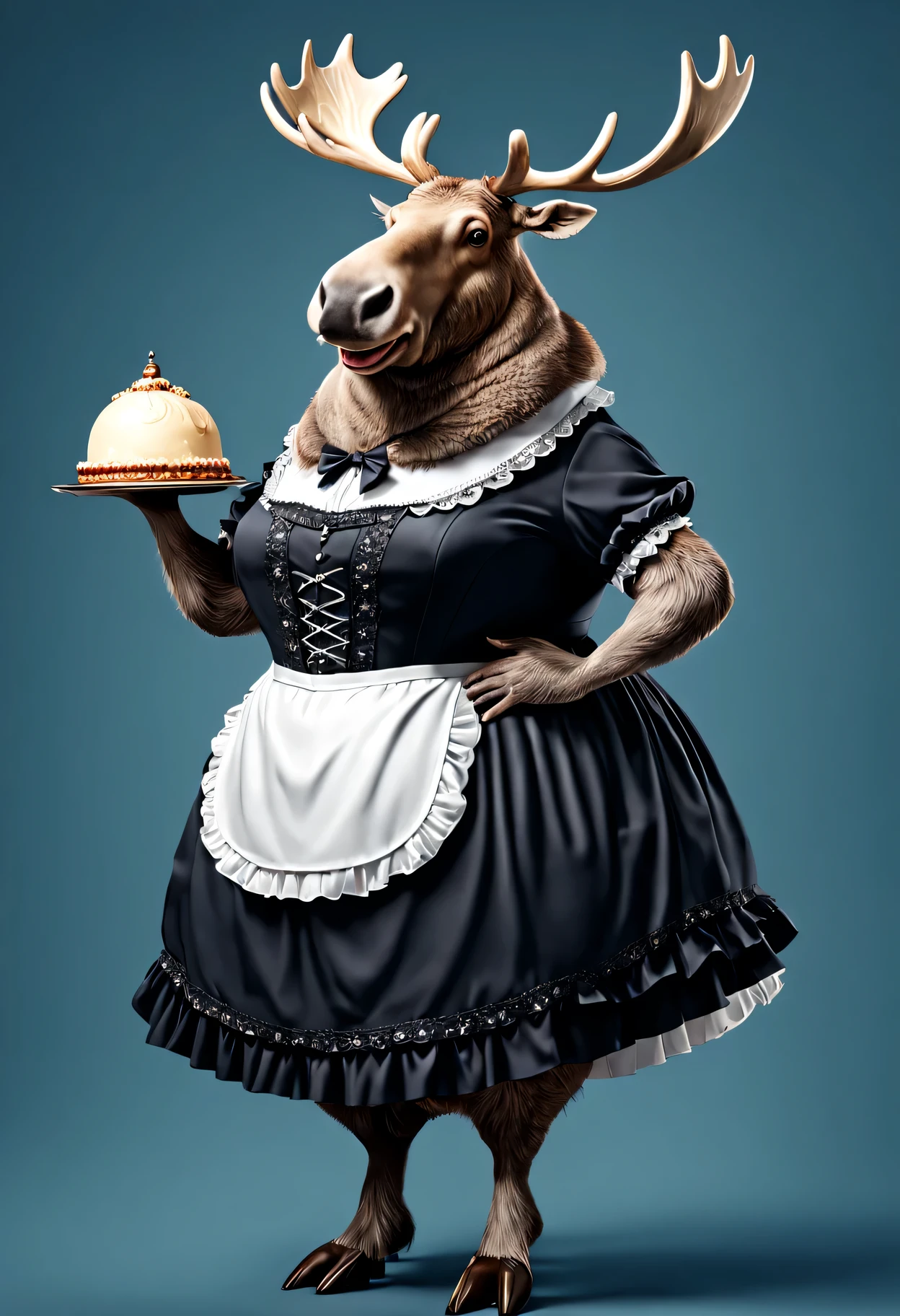 photorealistic portrait of Dressed animals - a ((fat)) moose maid,(elegant pose), high quality,(lovely) ,intricate details, highly detailed ((maid clothes)) ,,highly detailed decorations, long tail , (happy), studio lighting,(full body image:1.5)