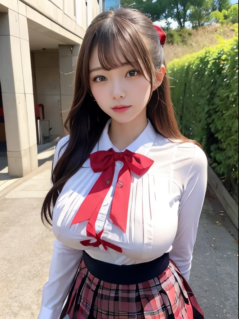 ​masterpiece,masutepiece、8K,4K,Best Quality),girl with、kawaii faces、(large full breasts:1.2), FULL BODYSHOT、hi-school girl、High School Uniform、Red ribbons、((Pencil pleated skirt))、