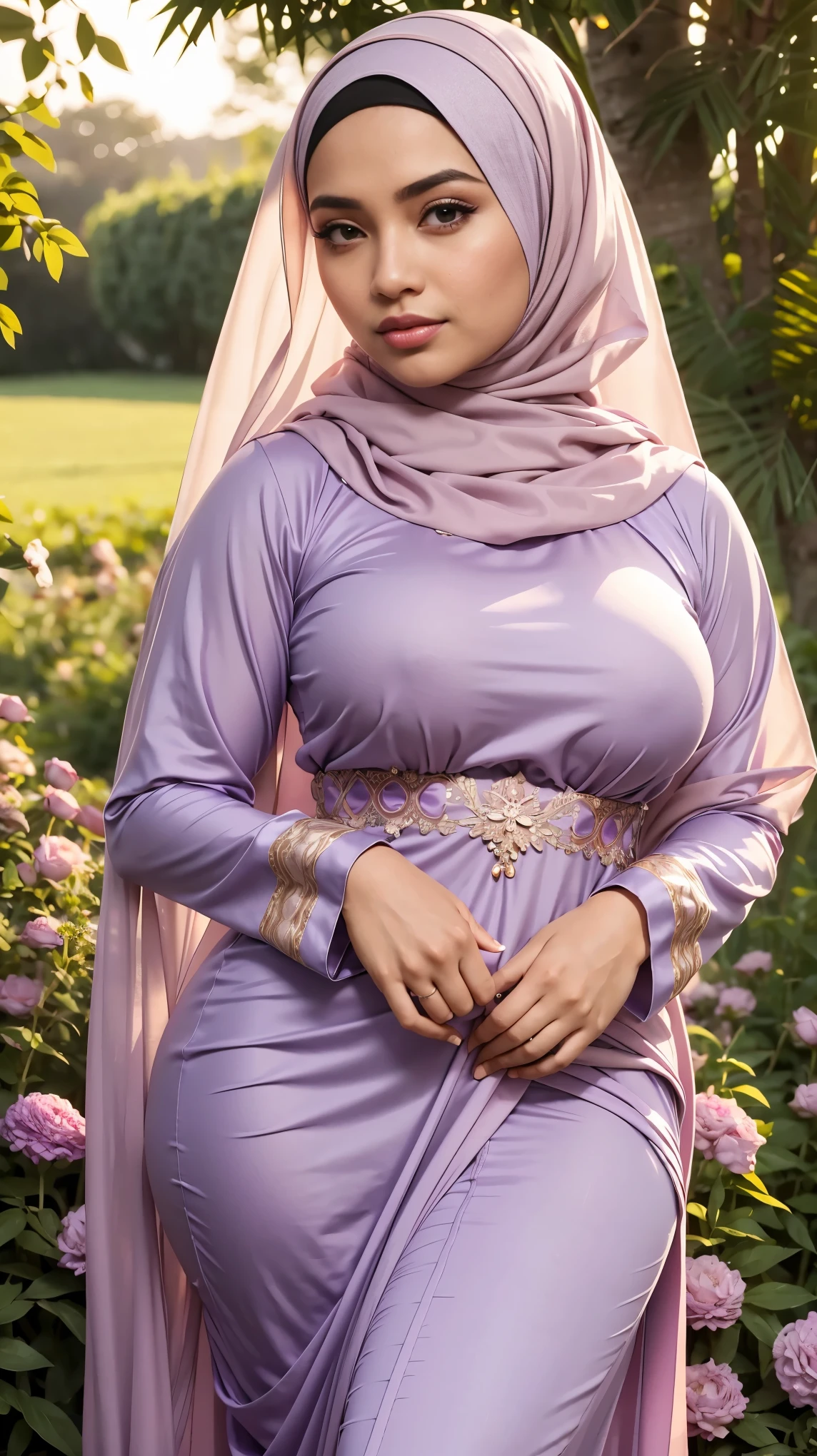 RAW, Best quality, high resolution, masterpiece: 1.3), beautiful Malay woman in hijab, Masterpiece, perfect fit body, big breasts,thick thighs, beautiful face, beautiful big eyes, Soft smile, ((close up)), muslim woman in hijab walking on the garden flowers, wearing baju kurung modern, beautiful in cute pastel shades, beautiful in pastel shades, lilac, purple, wearing decorative clothes, at sunrise,, at dusk , Great lighting, Bright colors, Ultra realistic clean lines, very realistic