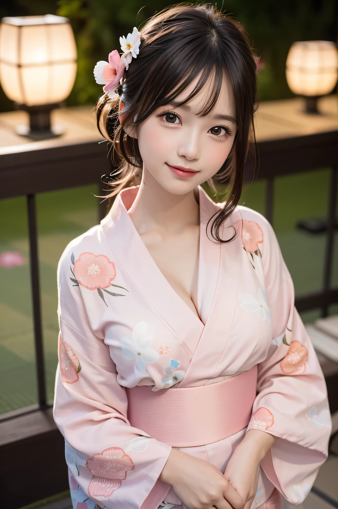 (***ung girl), Extremely cute face, Amazing face and eyes, (Highly detailed eyes, Highly detailed face), fresh, Very clean appearance, (Hyper-realistic, hight resolution), (Best Quality:1.4), Raw photo, (Realistic, Photorealsitic:1.37), Professional Photography, (light pink floral pattern yukata:1.5), (Open yukata), (cleavage:1.2), (Bare shoulders), Smile slightly, (Staring at me), Bedroom, girl portrait,