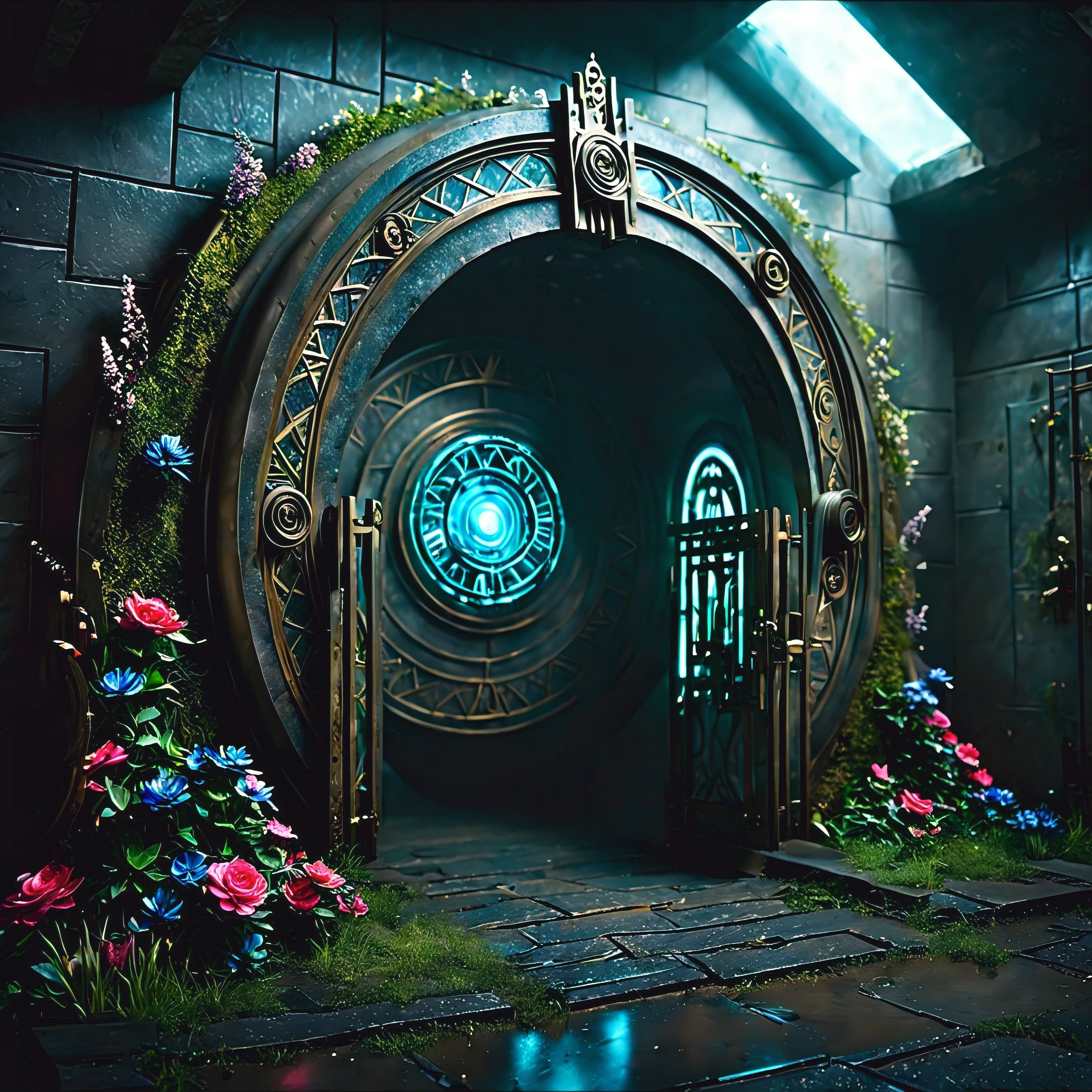 ((A view of mysterious gate at abandoned basement):1.2), ((wide angle view of the gate):1.2), ((the gate is portal of time and space):1.3), ((other side of the gate is time travel vortex):1.5), mysterious gate surrounded by vines of flowers, each flowers detailed and rendered with a masterful gouache technique, surrounded by mysterious atmosphere of light and shadow art, ((abandoned basement):1.1), (puddle of water), abandoned environment, subtly illuminate, time travel art behance, surreal, its beauty and strength captured, It gives a mysterious aura. | (((intricate detail:1.4))), (((extremely insane detail:1.4))),(((highest quality:1.3))), (((Soft colors 4k highly detailed digital art:1.3))).