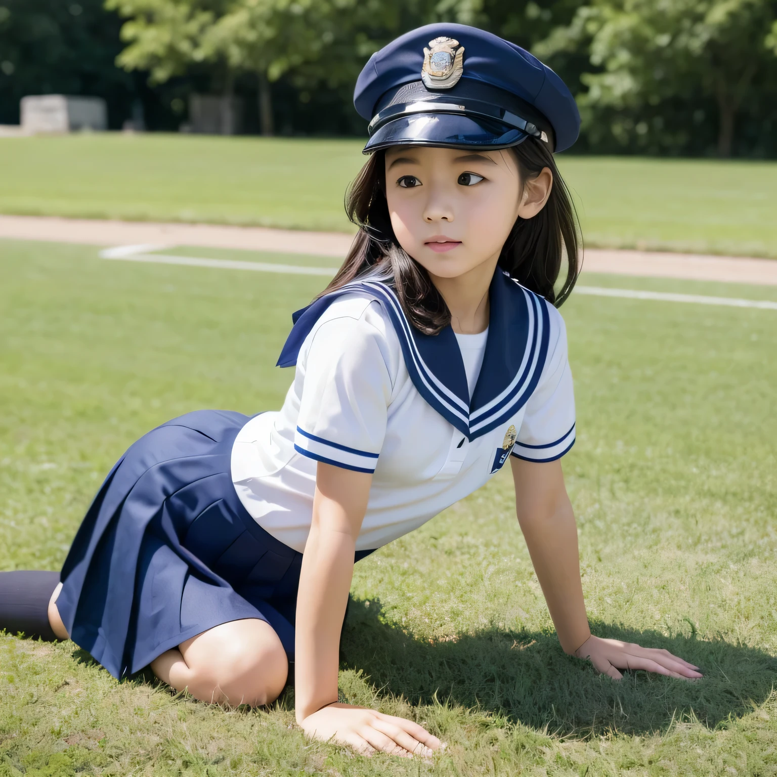 beautiful illustrations、highest quality、ultra high resolution、Professional specifications、(((Only one elementary school student))、light blue school sailor uniform、very short skirt、((Police Officer Cap))、short sleeve、&#39;face、(on all fours: 1.3)、Crouch start、Adult male on top