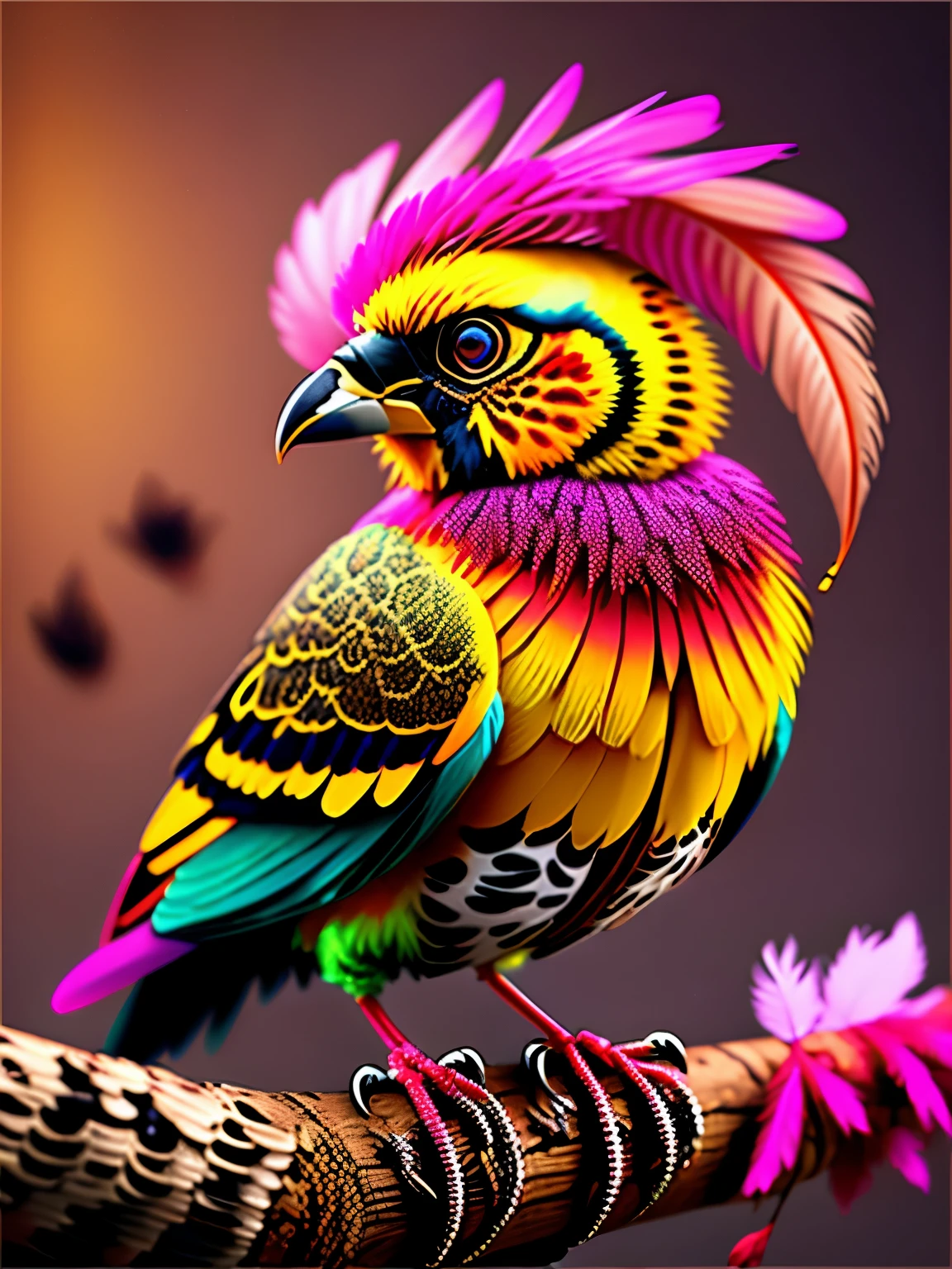 alien predatorial unusual unearthly bird with leopard skin style feather coloring, leopard feathers, sitting on a branch with pink skulls, cgi art, red-yellow colors, hyperrealistic sparrows, pinterest, photorealistic artstyle, in rich color, an ai generated image, very detailed portrait, singing for you, breathtaking render, phsycodelic elements