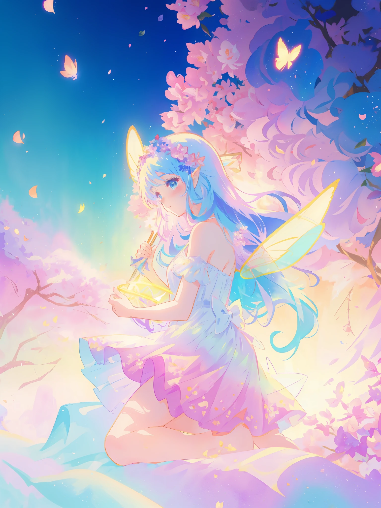 beautiful girl in tiered gradient ballgown dress, gradient colorful dress, ((layered flower petal skirt)), fairy dress, fairy queen, magical fantasia background, (glowing fairy wings), glowing flowing ballgown, long wavy hair, sparkling fairy wings, watercolor illustration, inspired by Glen Keane, inspired by Lois van Baarle, disney art style, jen bartel, beautiful digital illustration, beautiful, masterpiece, best quality, anime disney style