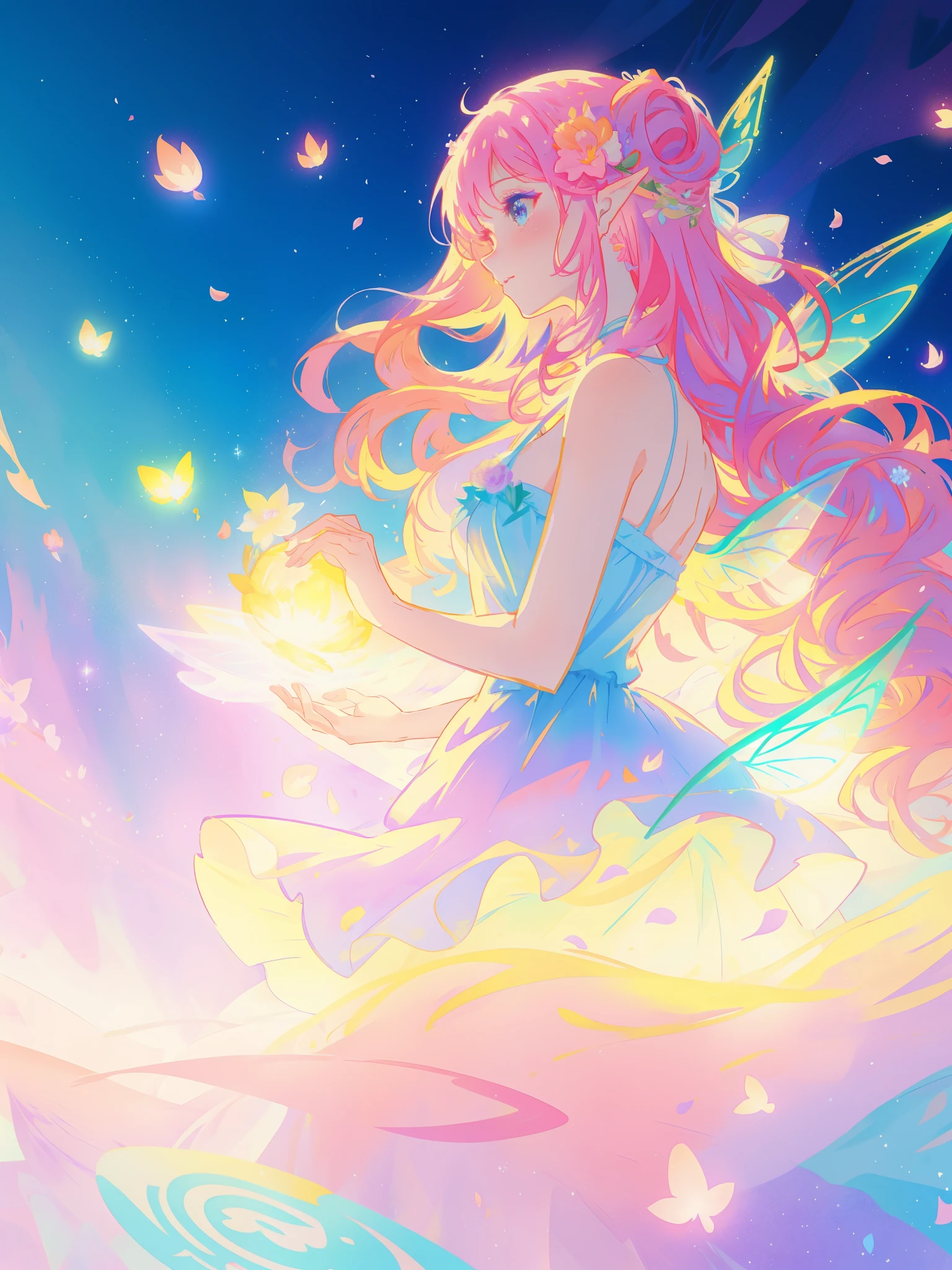 beautiful fairy girl in a sparkling layered dress, long flowing pink peach red hair, (large sparkling colorful fairy wings on her back), colorful fantasia background, watercolor illustration, disney art style, glowing aura around her, glowing lights, beautiful digital illustration, fantasia otherworldly landscape plants flowers, beautiful, masterpiece, best quality, anime disney style