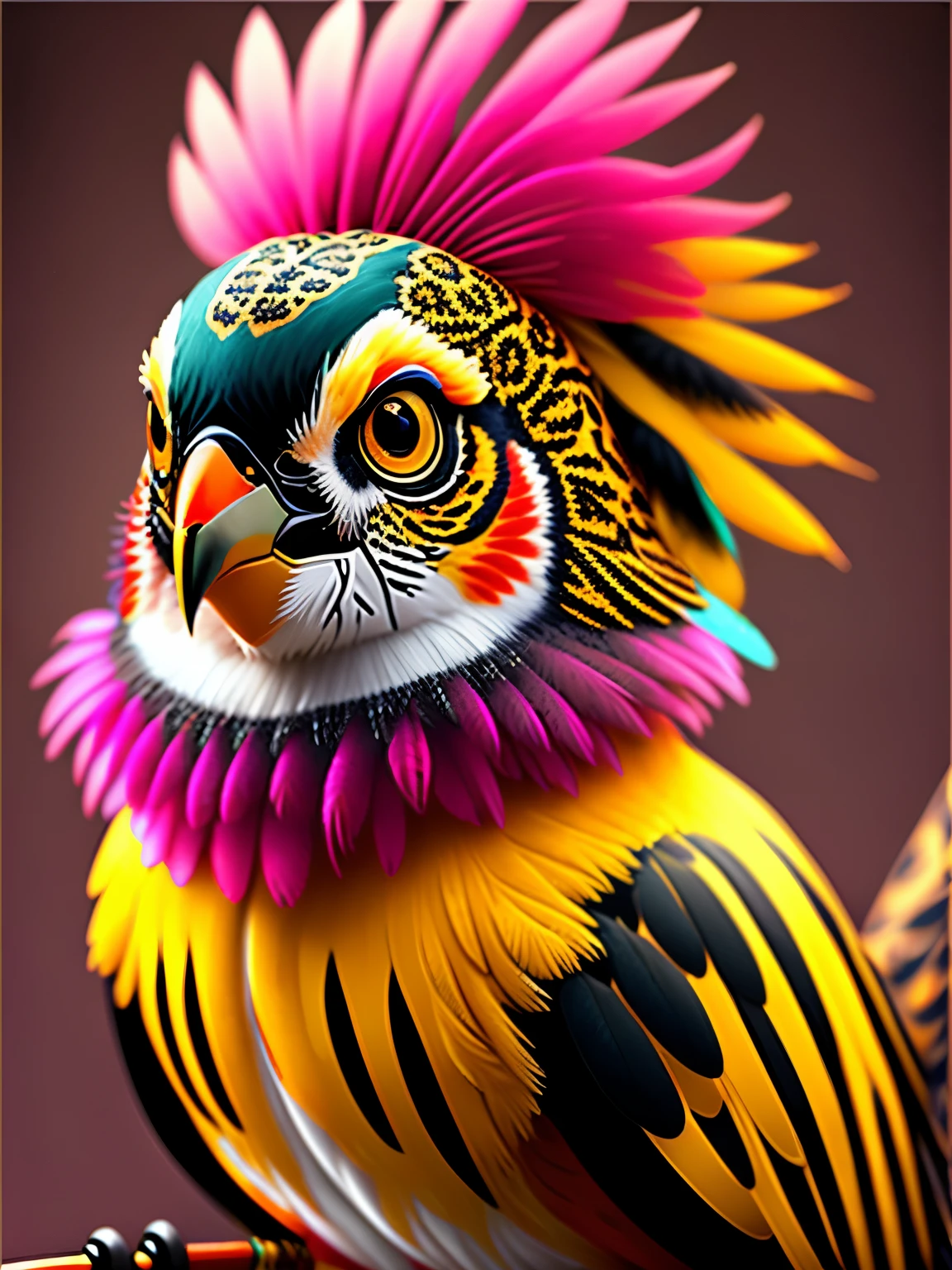 alien predatorial unusual unearthly bird with leopard skin style feather coloring, leopard feathers, sitting on a branch with pink skulls, cgi art, red-yellow colors, hyperrealistic sparrows, pinterest, photorealistic artstyle, in rich color, an ai generated image, very detailed portrait, singing for you, breathtaking render, phsycodelic elements