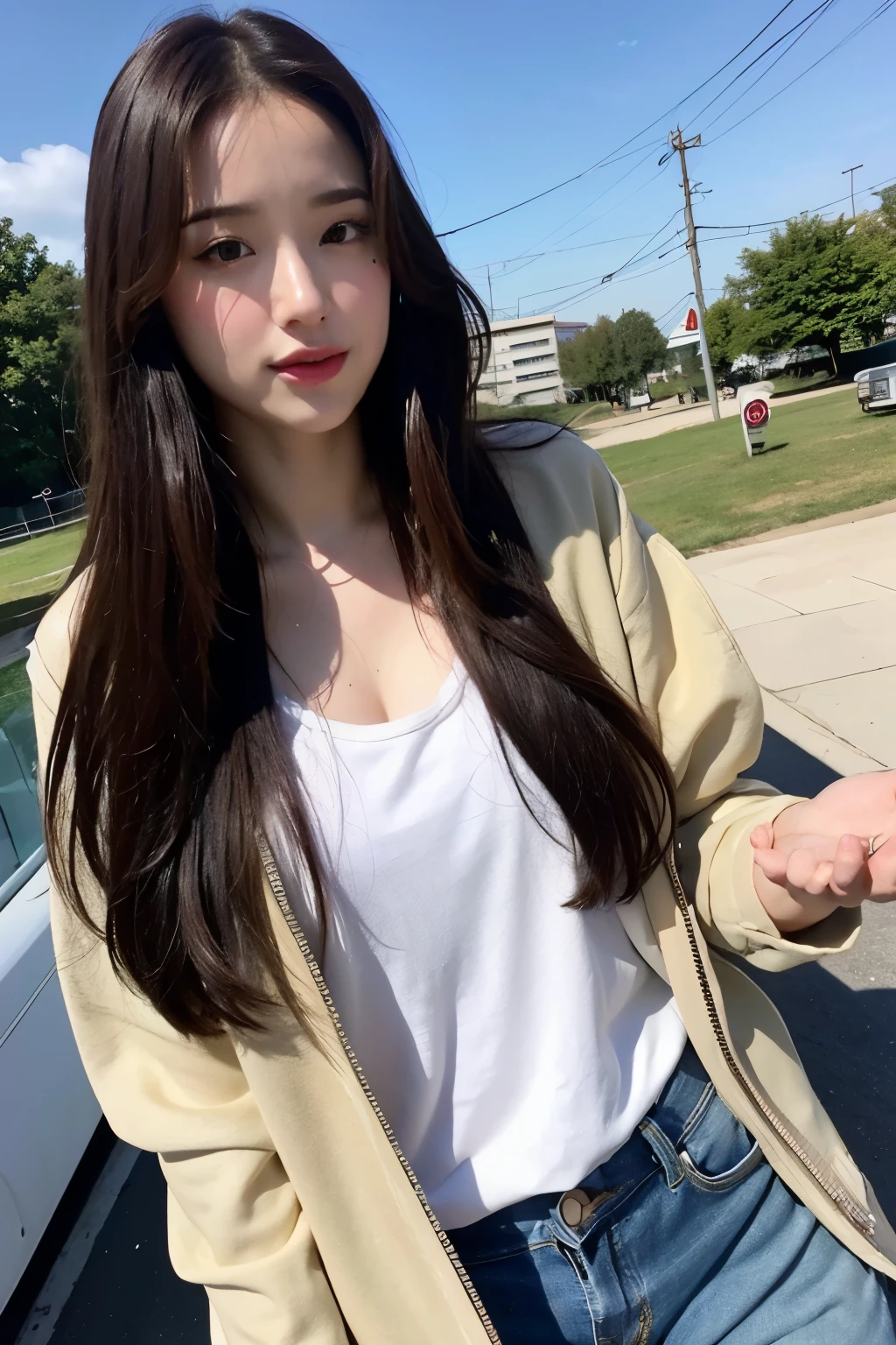 realistic, High resolution, 1 female, glowing skin, alone, wide lips,long hair,straight hair,saggy breasts,small face,black hair,Color Contacts,Trendy fashion,Full body coordination,noon,realistic skin texture,Real,K-pop Idol,tight pants,outdoor