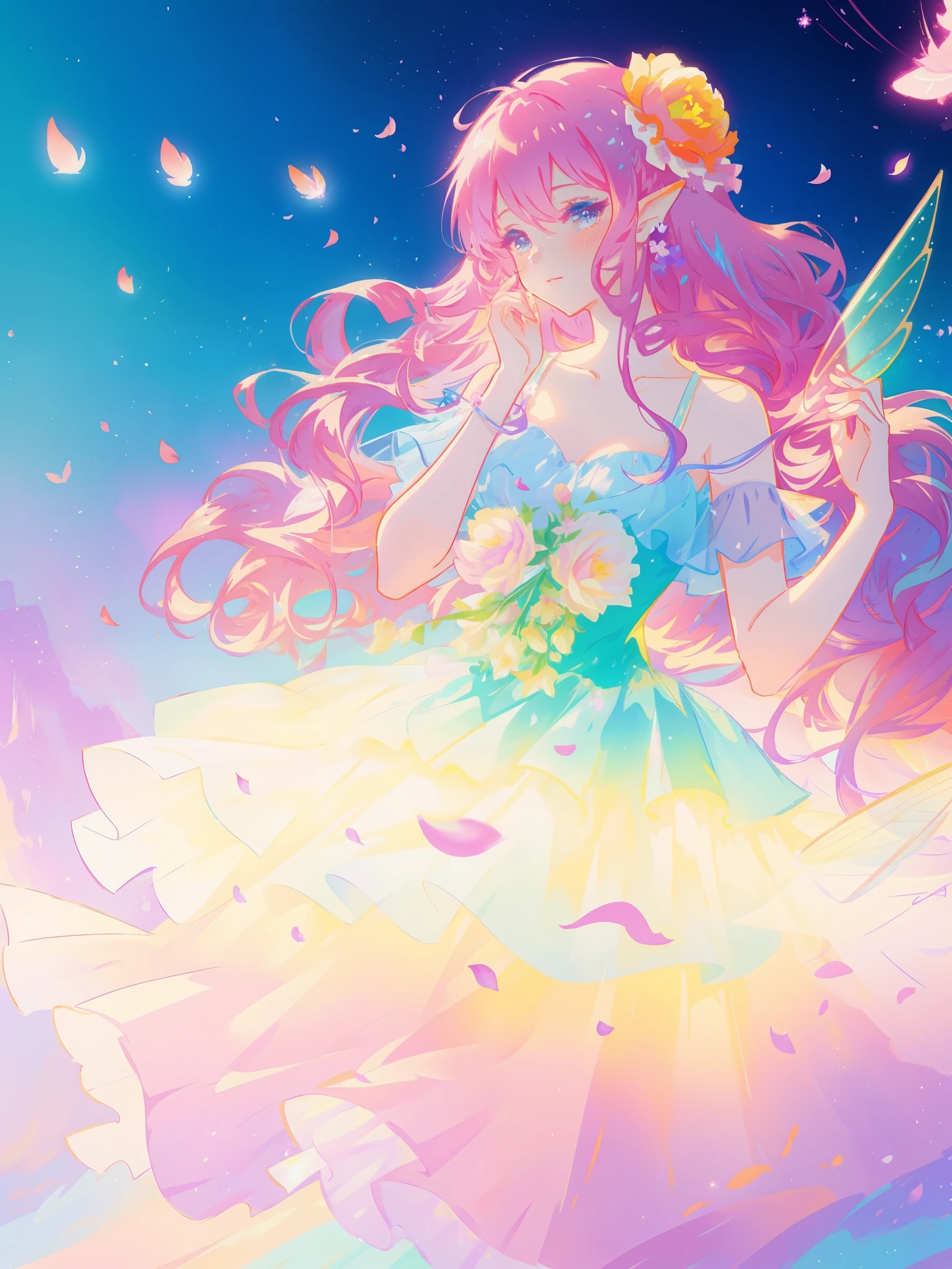 beautiful girl in tiered gradient ballgown dress, gradient colorful dress, ((layered flower petal skirt)), fairy dress, fairy queen, magical fantasia background, (glowing fairy wings), glowing flowing ballgown, long wavy hair, sparkling fairy wings, watercolor illustration, inspired by Glen Keane, inspired by Lois van Baarle, disney art style, jen bartel, beautiful digital illustration, beautiful, masterpiece, best quality, anime disney style