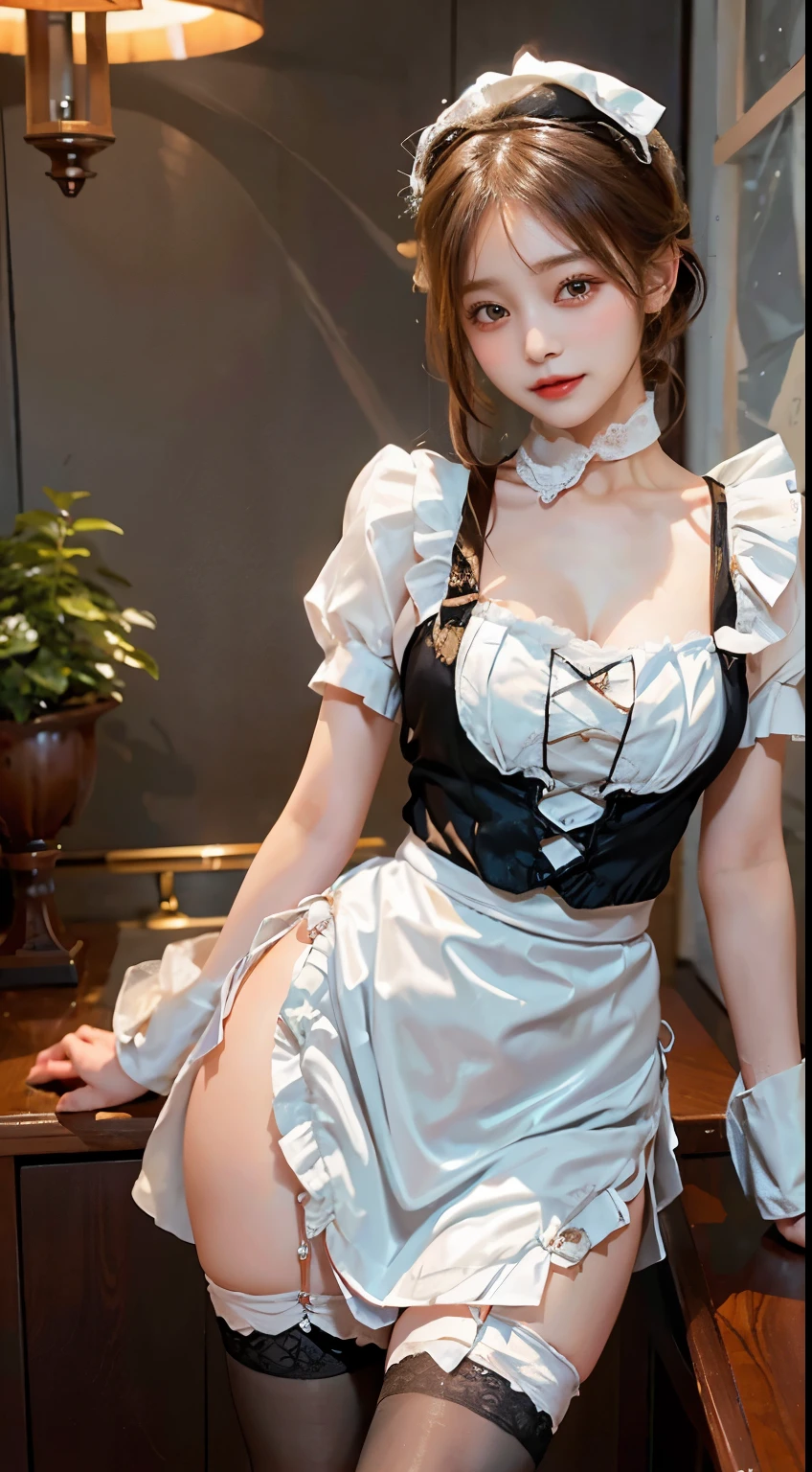 In a charming scene, a woman embodies the allure of a maid in an outfit with modest coverage. The maid attire, adorned with delicate lace and subtle frills, gracefully drapes her figure with a touch of elegance. The apron cinches around her waist, adding a hint of sweetness to the ensemble. With a modest display of skin, she radiates a demure charm, capturing the timeless appeal of a woman in a tasteful maid outfit within the enchanting surroundings.